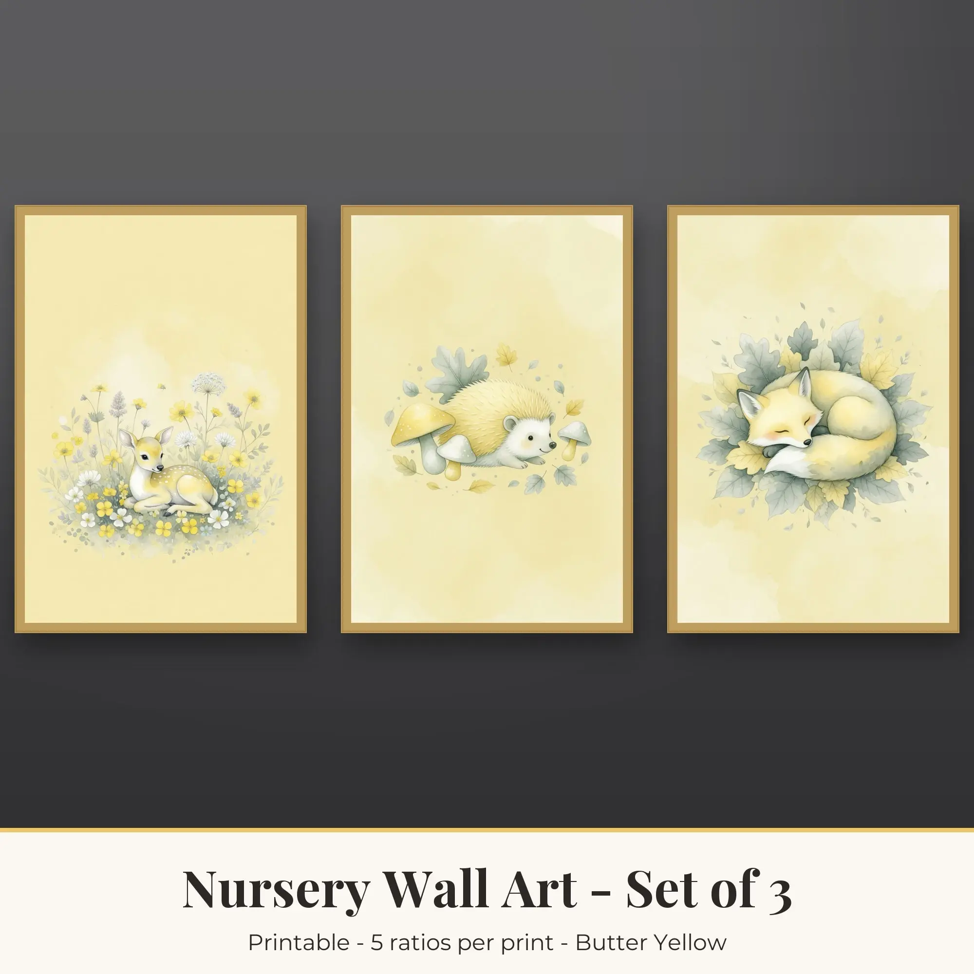 Nursery Printable Art Set of 3: Little Deer, Hedgehog & Woodland Fox preview