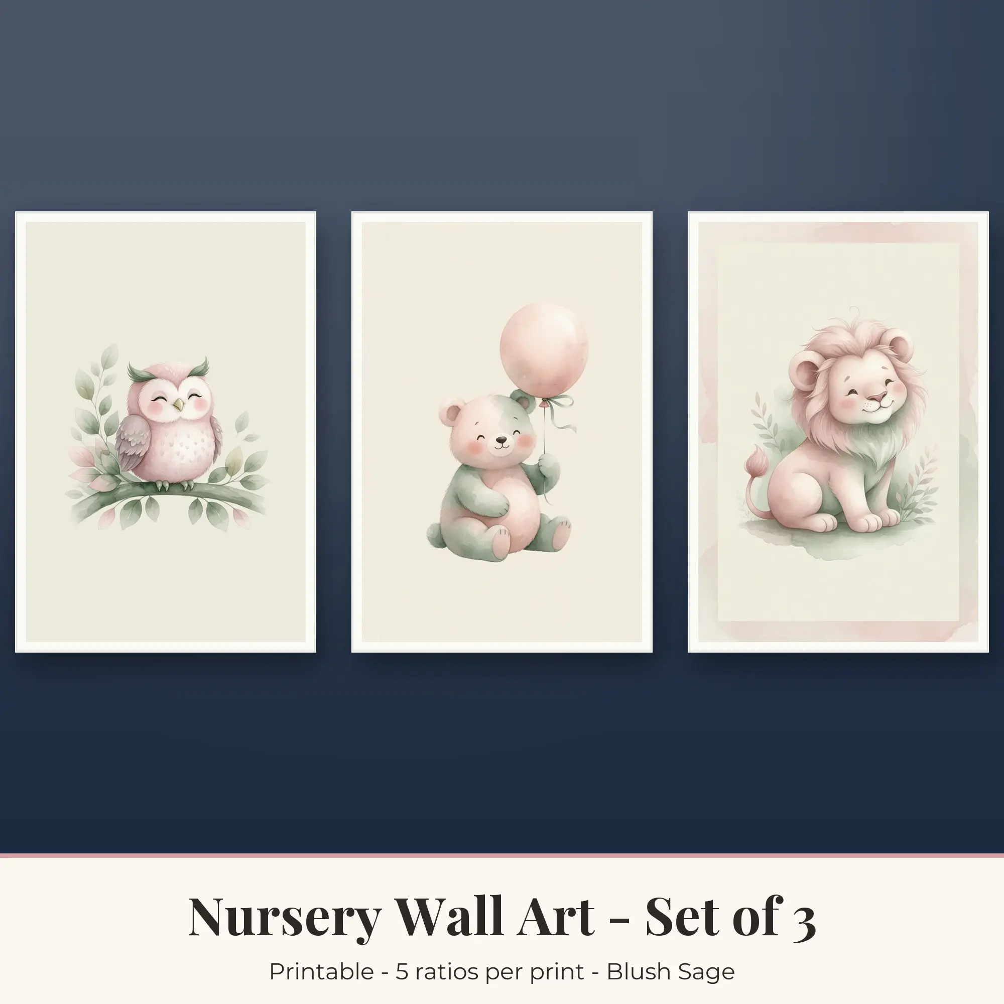 Nursery Printable Art Set of 3: Owl Branch, Baby Bear & Little Lion preview