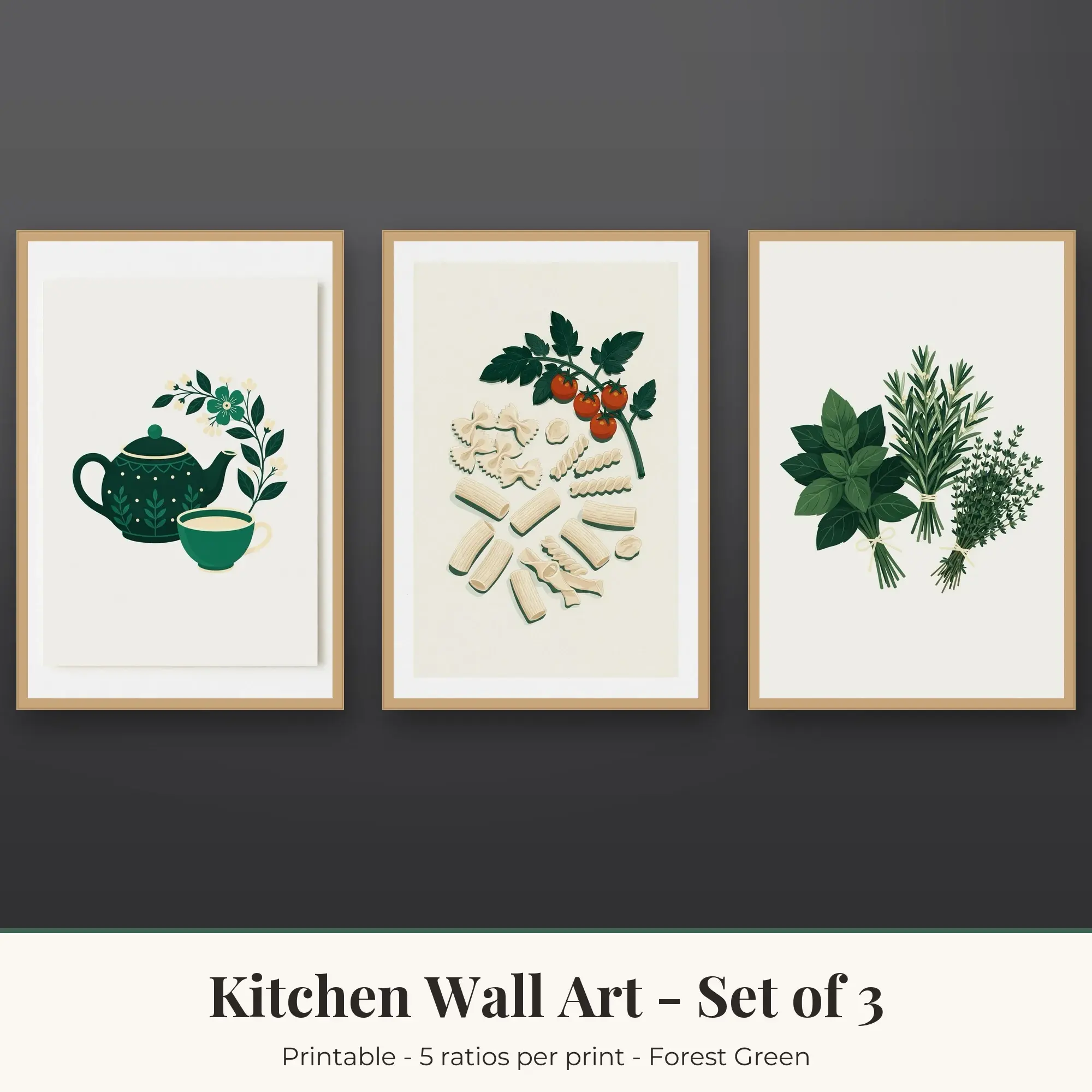 Kitchen Wall Art Set of 3, Forest Green Tea Time & Pasta Shapes preview
