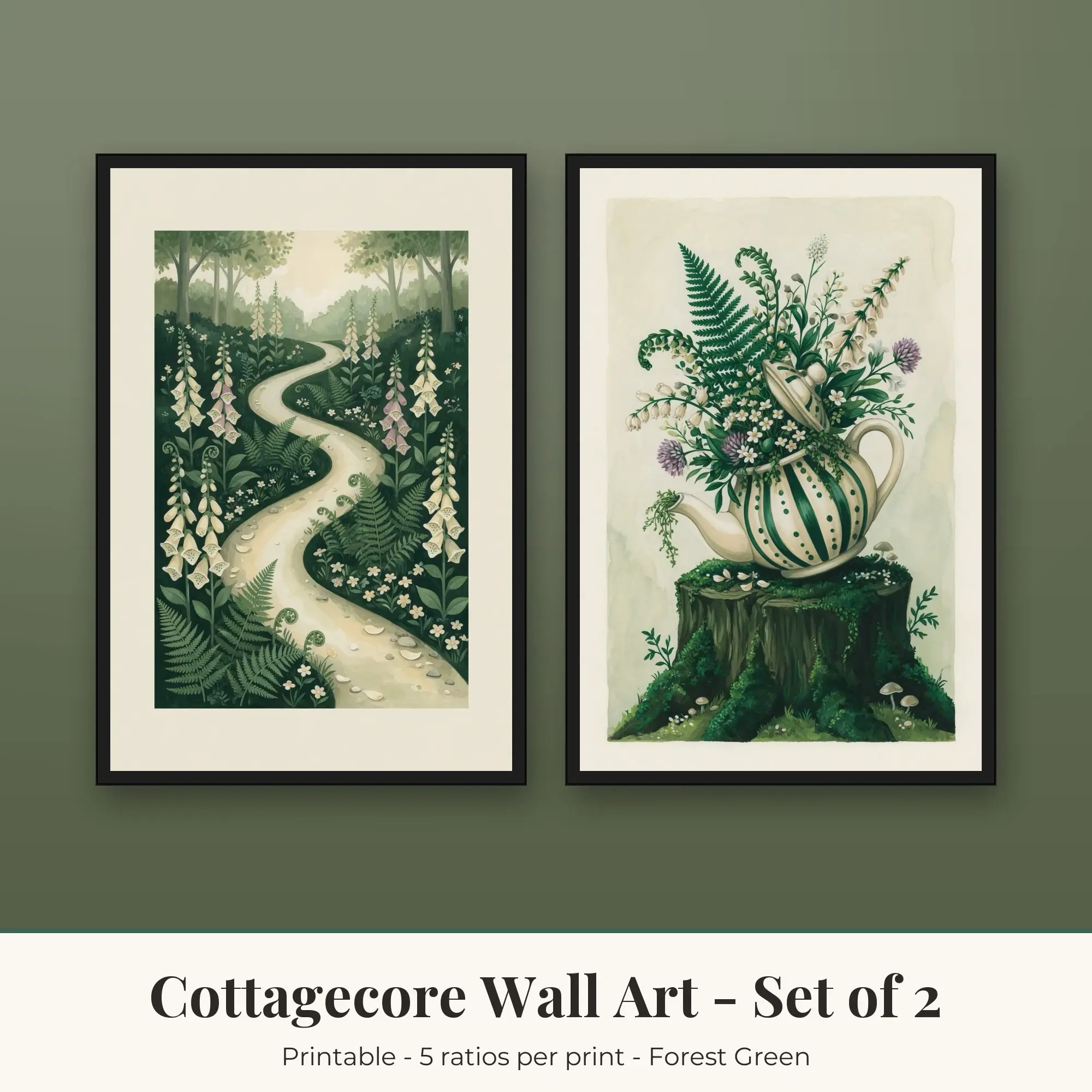Cottagecore Printable Art Set of 2: Woodland Path and Teapot Garden preview