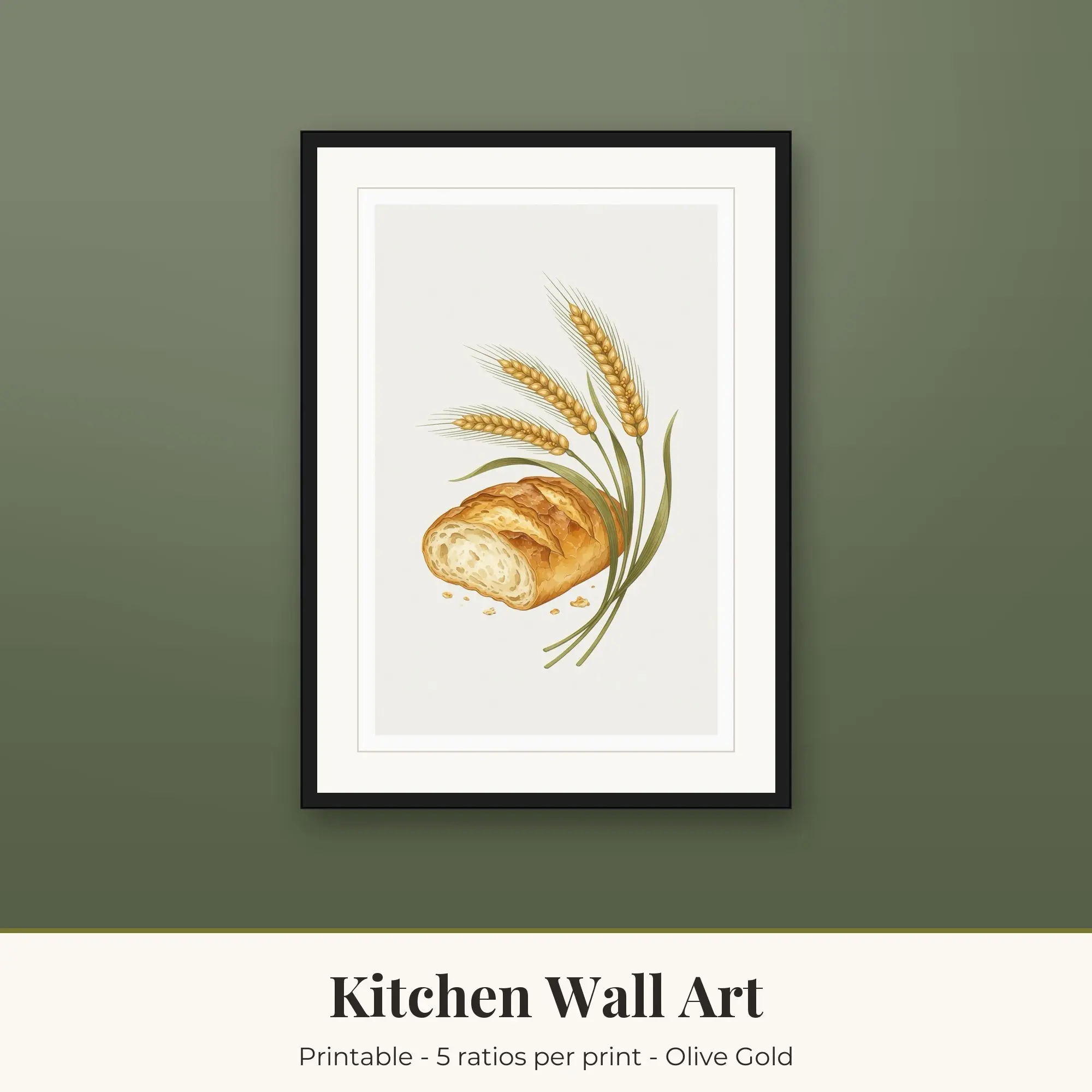 Printable Kitchen Wall Art, Bread Loaf, Olive Gold Digital Download preview