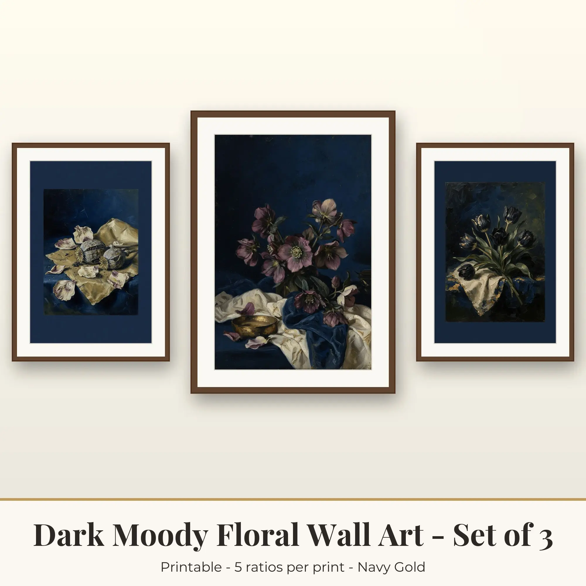 Dark Moody Floral Wall Art Set of 3, Navy Gold Poppy Pods & Hellebores preview