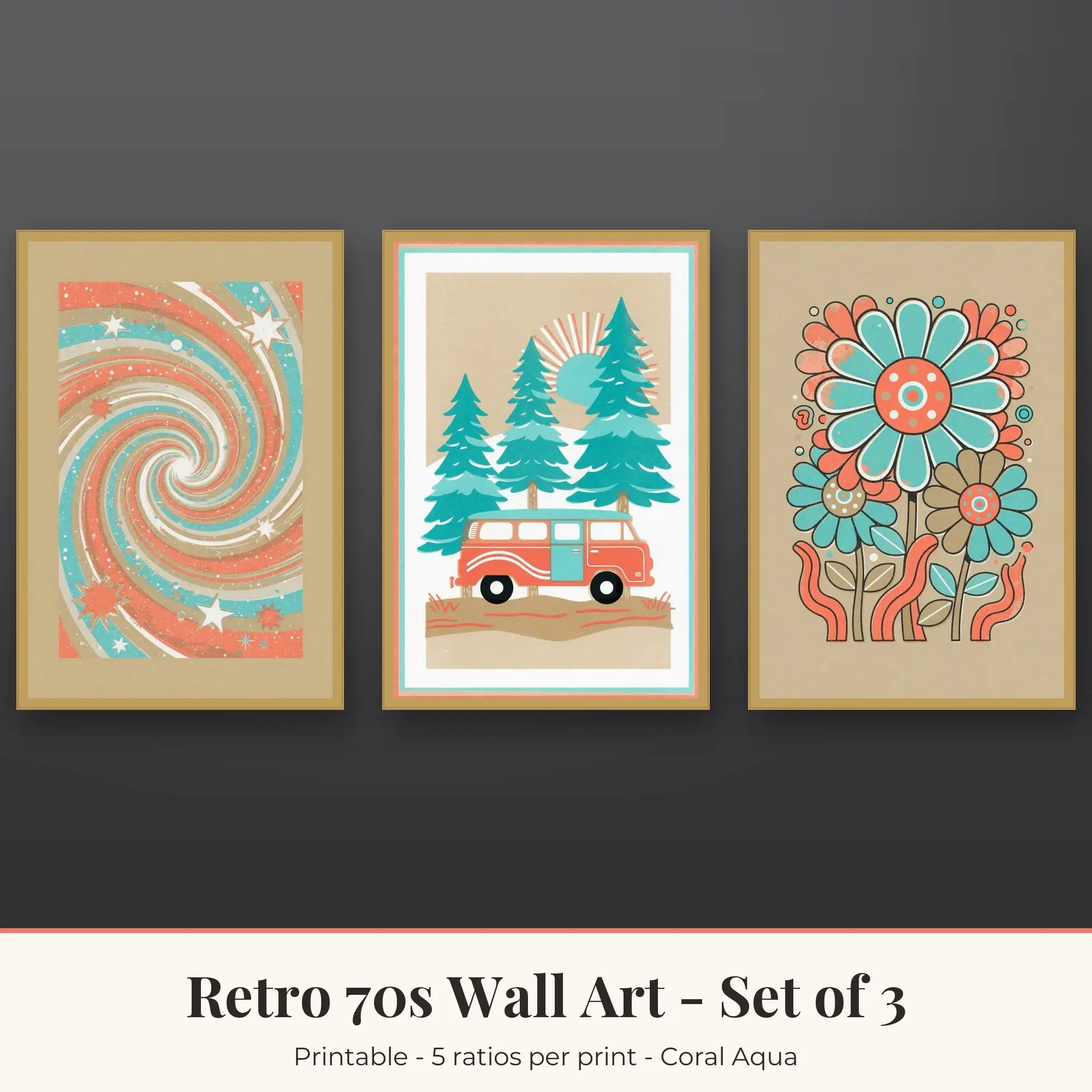 Retro 70s Wall Art Set of 3, Coral Aqua Cosmic Swirl & Vintage Camper preview