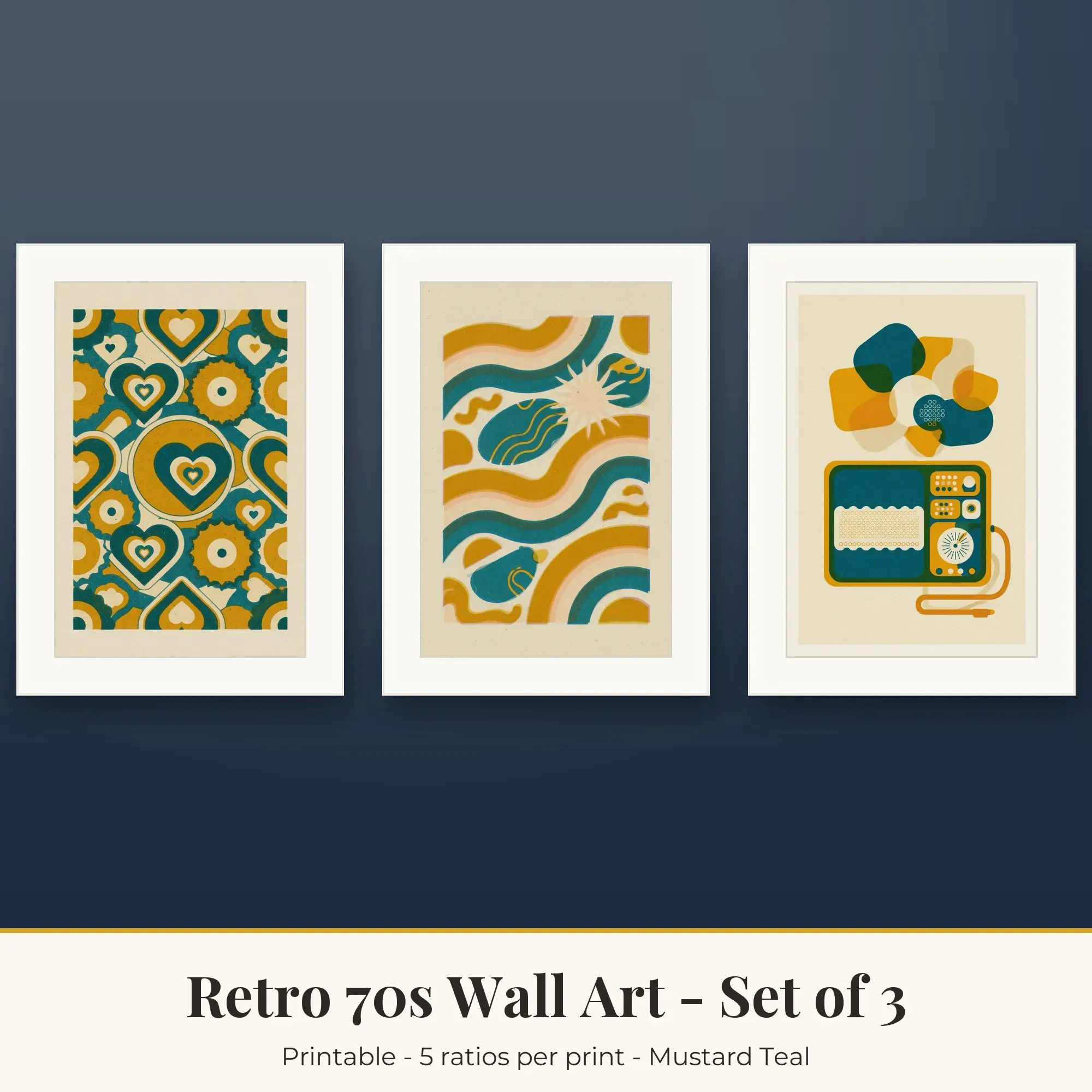 Retro 70s Wall Art Set of 3: Rainbow Stripes, Mustard Teal preview