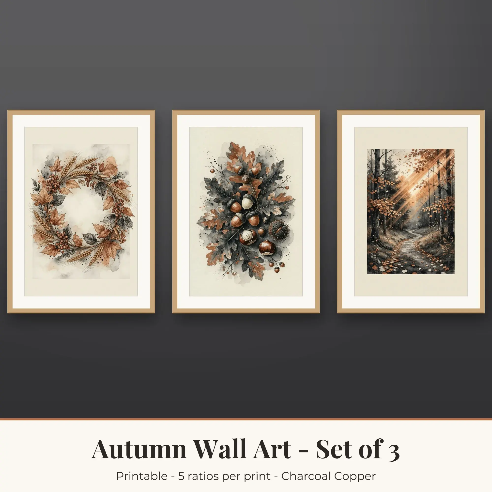 Autumn Printable Art Set of 3: Harvest Wreath, Acorns & Autumn Forest preview