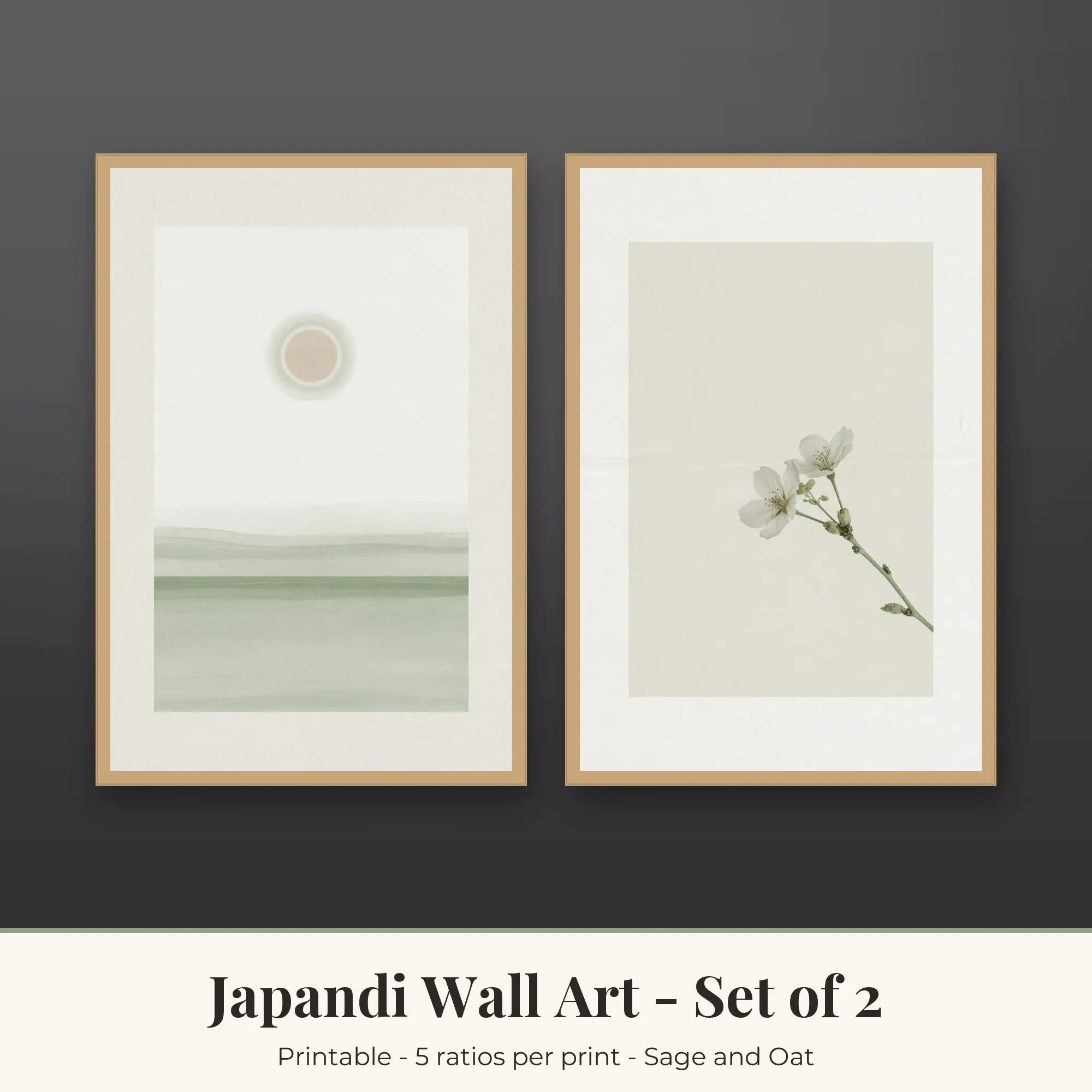 Japandi Wall Art Set of 2, Rising Sun and Cherry Twig, Printable preview
