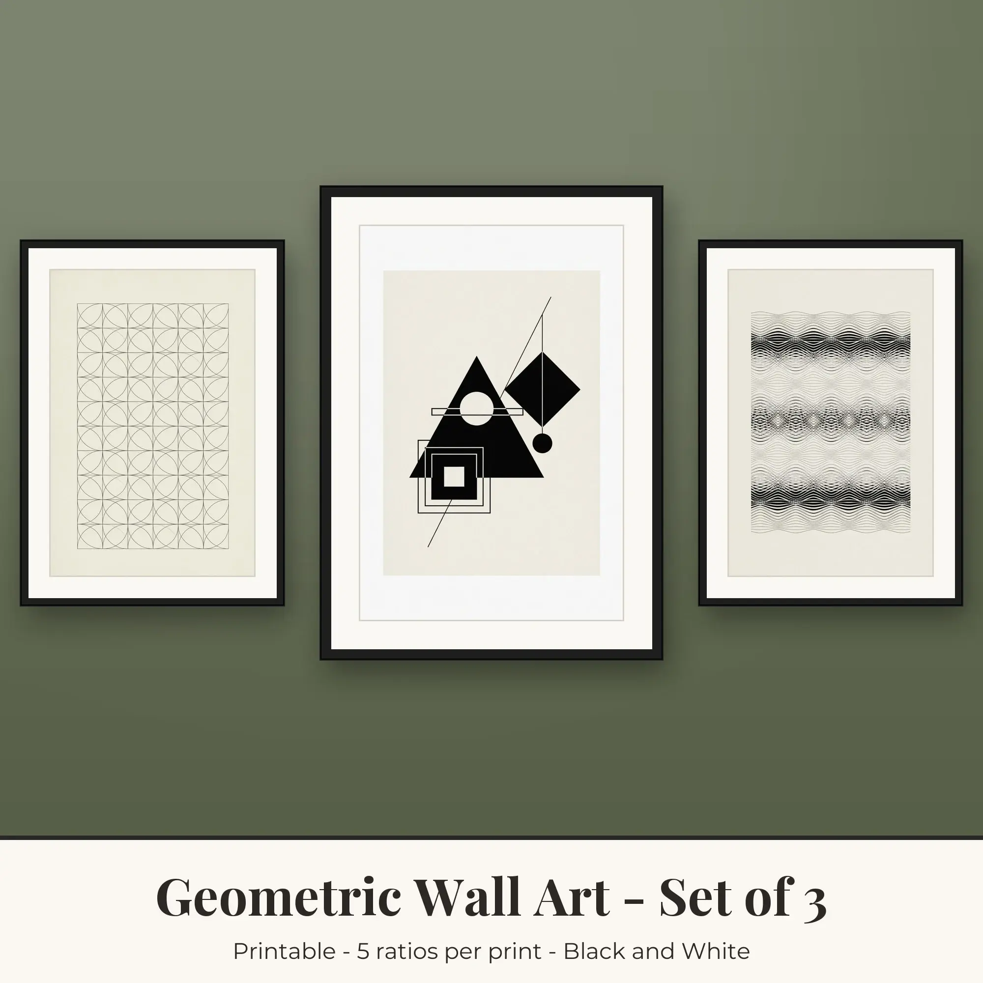 Geometric Wall Art Set of 3: Modernist Shapes, Black and White preview