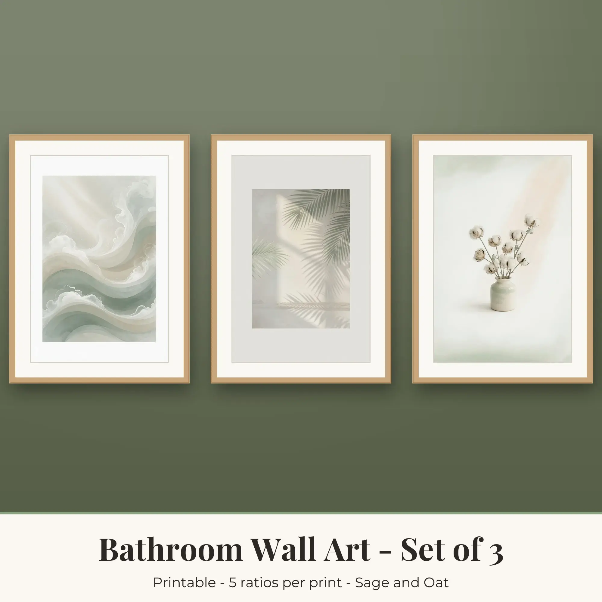Bathroom Printable Art Set of 3: Sea Foam, Palm Shadow & Cotton Stems preview