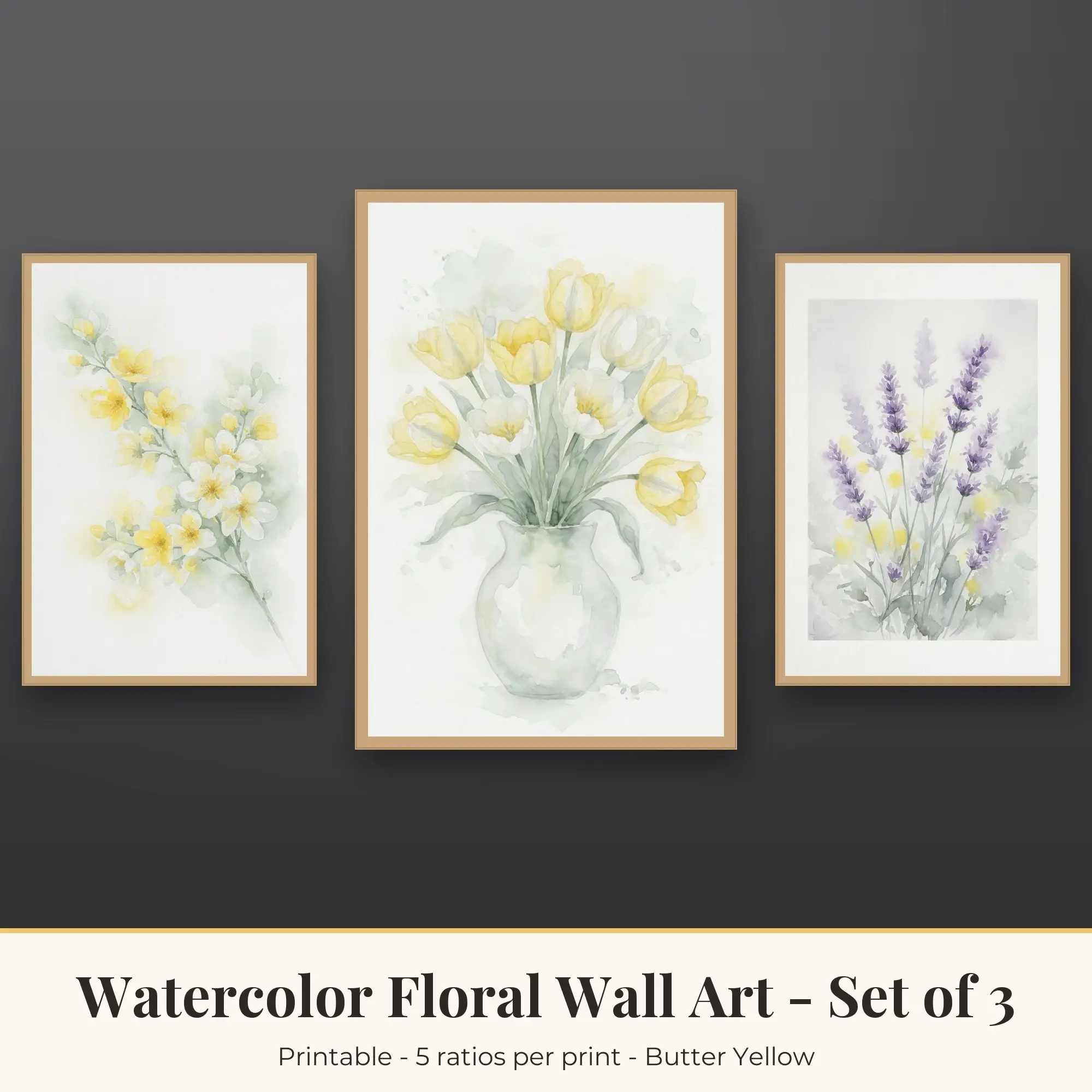 Watercolor Floral Wall Art Set of 3: Tulips, Butter Yellow preview