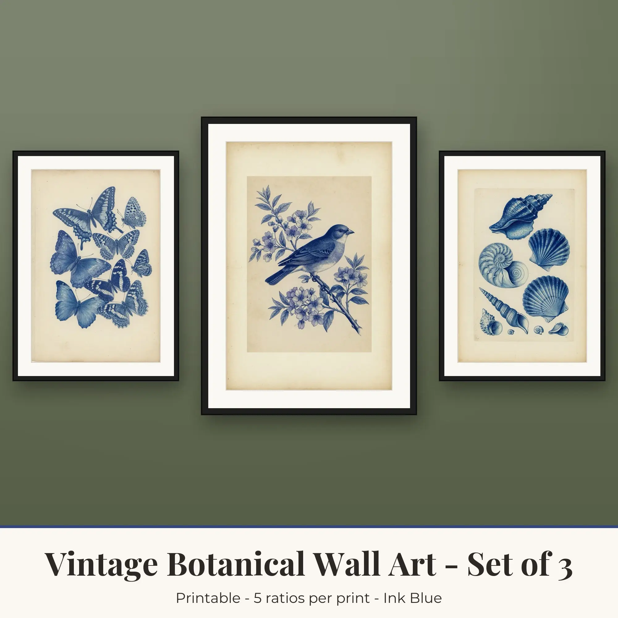 Vintage Botanical Wall Art Set of 3, Ink Blue Butterflies & Songbird preview
