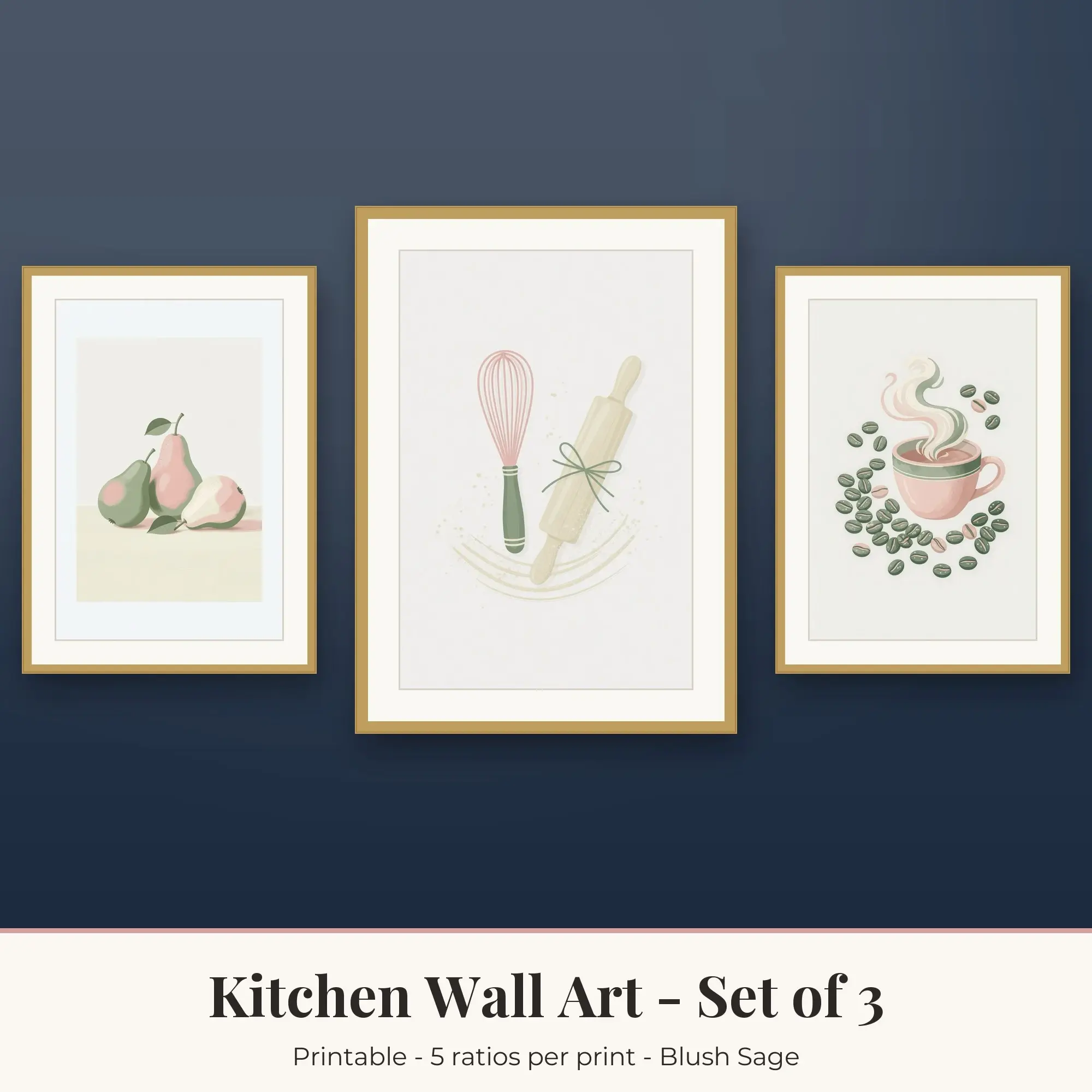 Kitchen Wall Art Set of 3, Blush Sage Pears & Baking Whisk preview