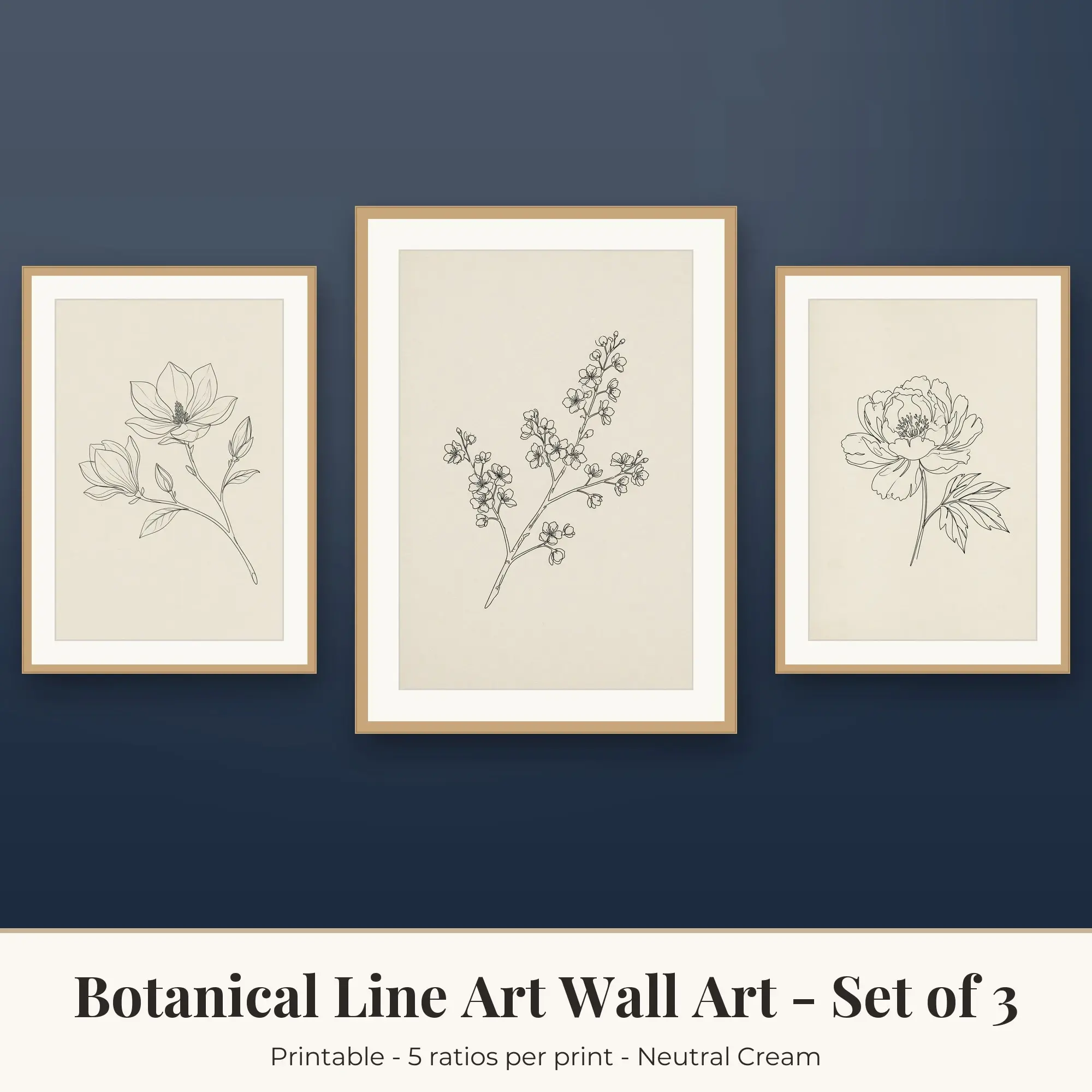 Botanical Line Art Wall Art Set of 3: Magnolia, Neutral Cream preview