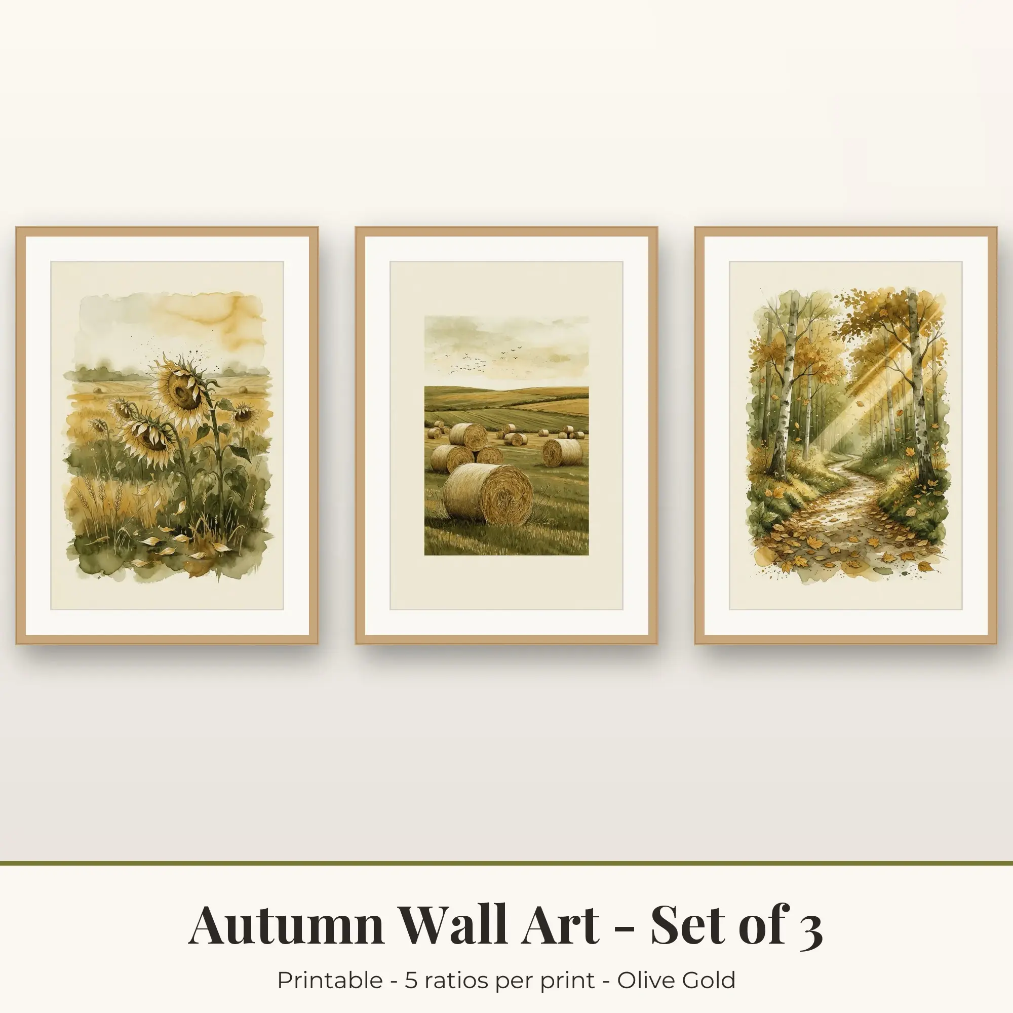 Autumn Wall Art Set of 3, Olive Gold Sunflower Field & Hay Bales preview
