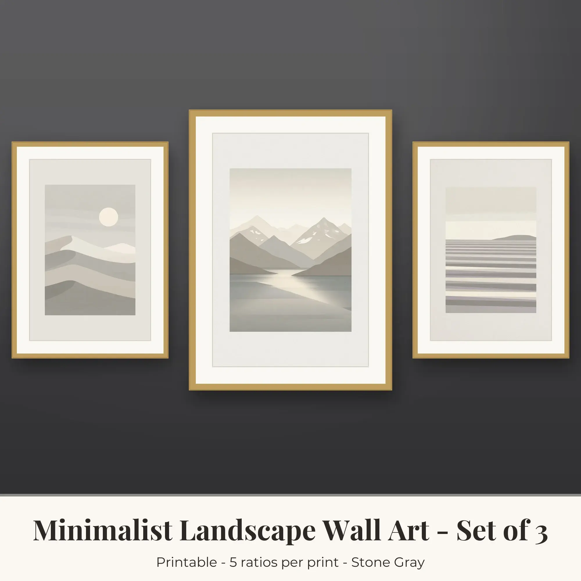 Minimalist Landscape Wall Art Set of 3: Desert Dunes, Stone Gray preview