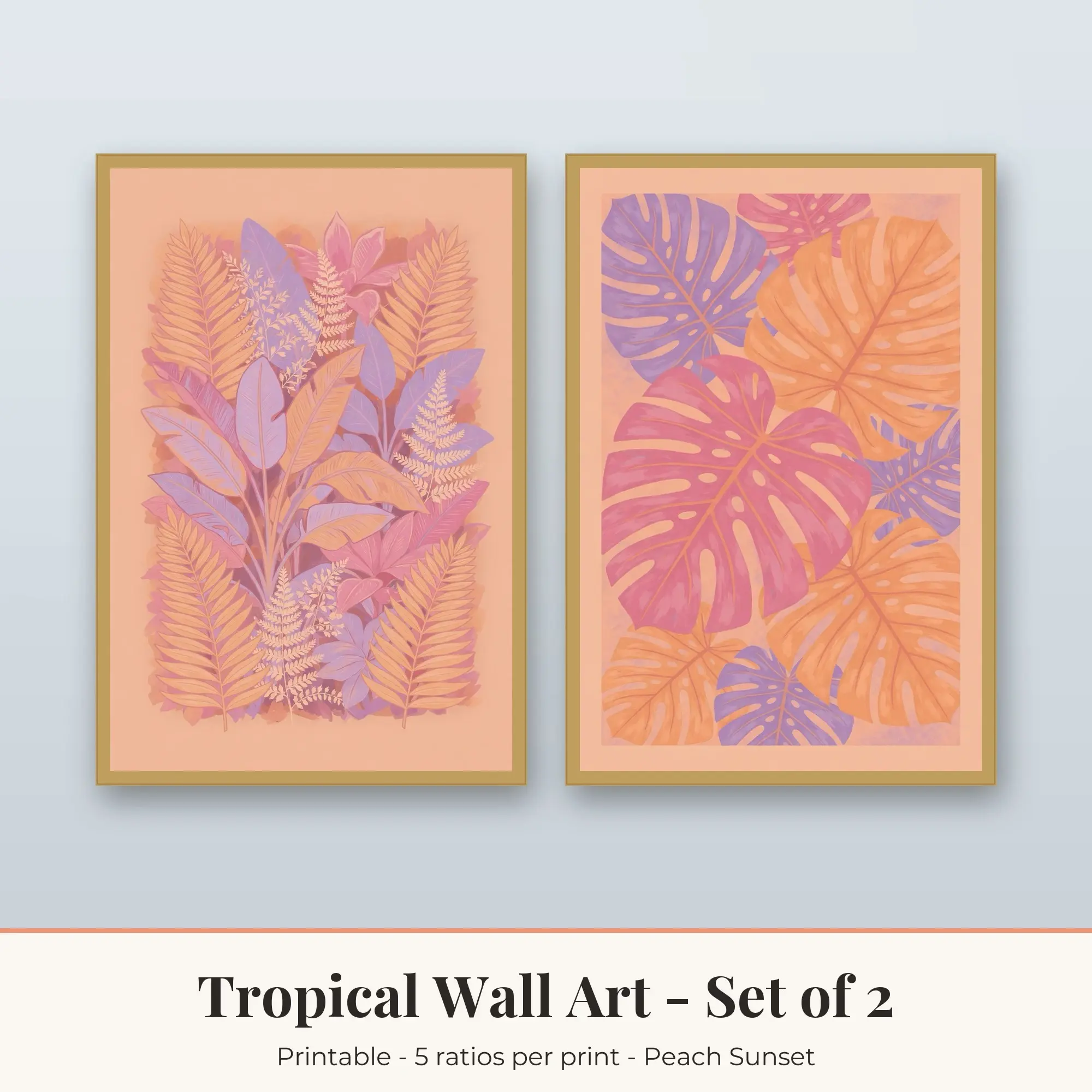 Tropical Wall Art Set of 2, Fern Jungle and Monstera Leaves, Printable preview