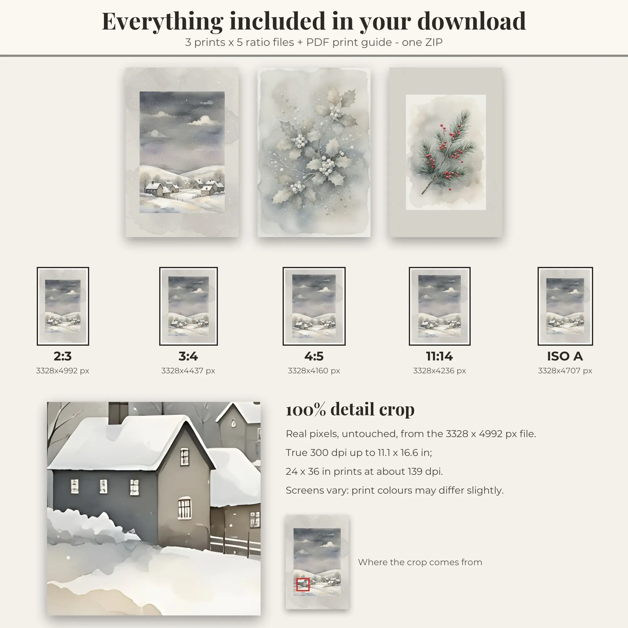 Winter Wall Art Set of 3, Stone Gray Starry Winter & Holly, preview 2 of 2