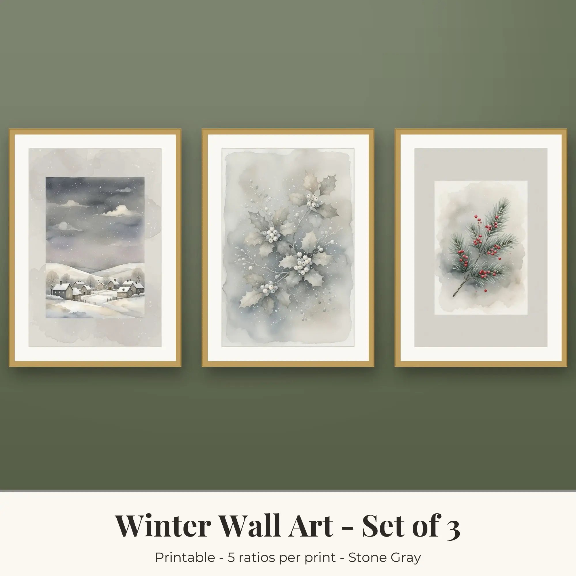Winter Wall Art Set of 3, Stone Gray Starry Winter & Holly, preview 1 of 2