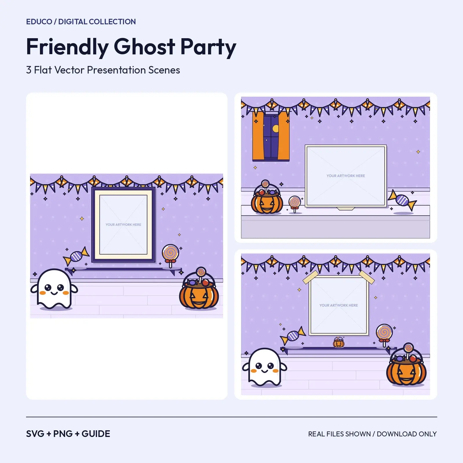 Friendly Ghost Party – 3 Flat Vector Halloween Presentation Scenes preview
