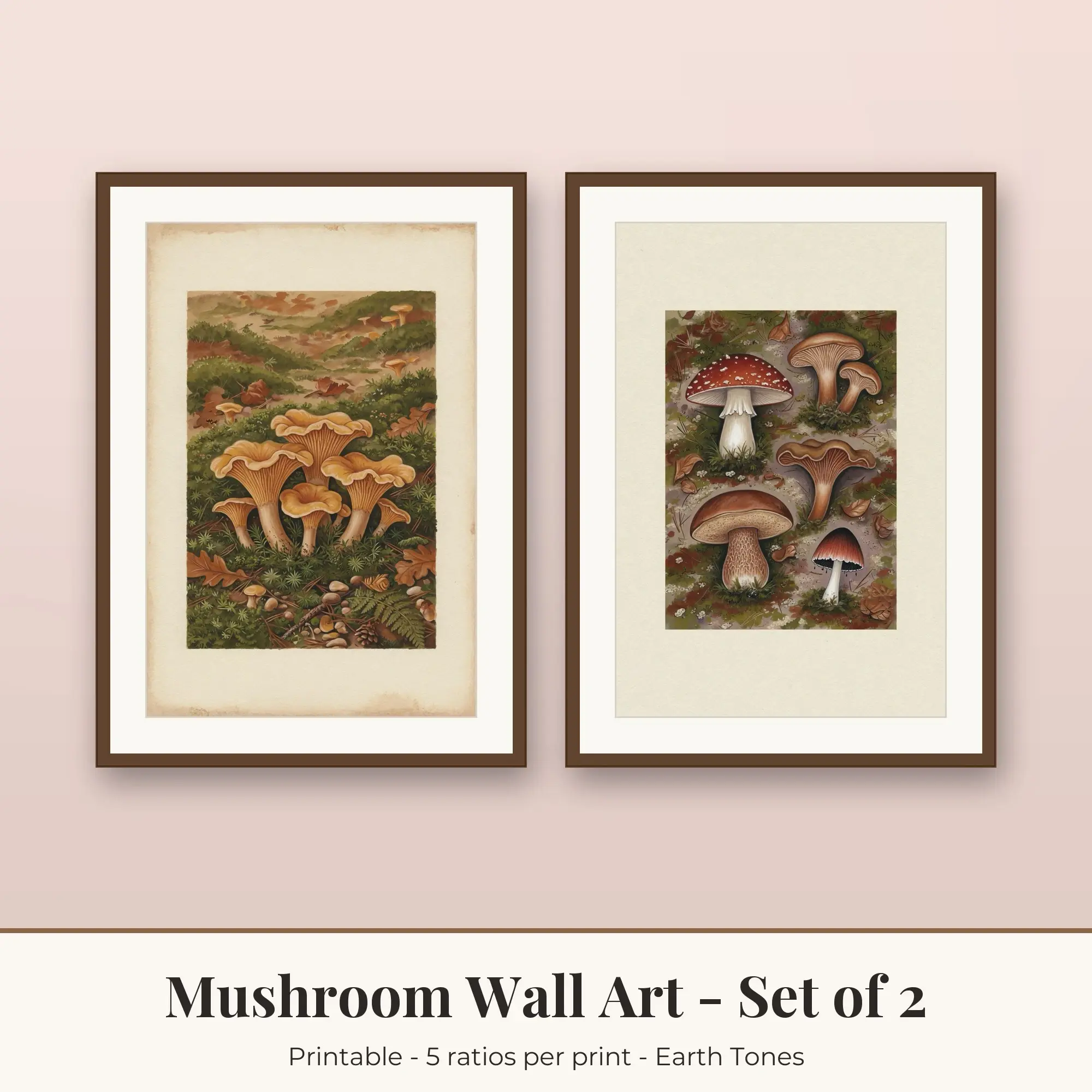 Mushroom Wall Art Set of 2, Chanterelles and Mushroom Study, Printable preview