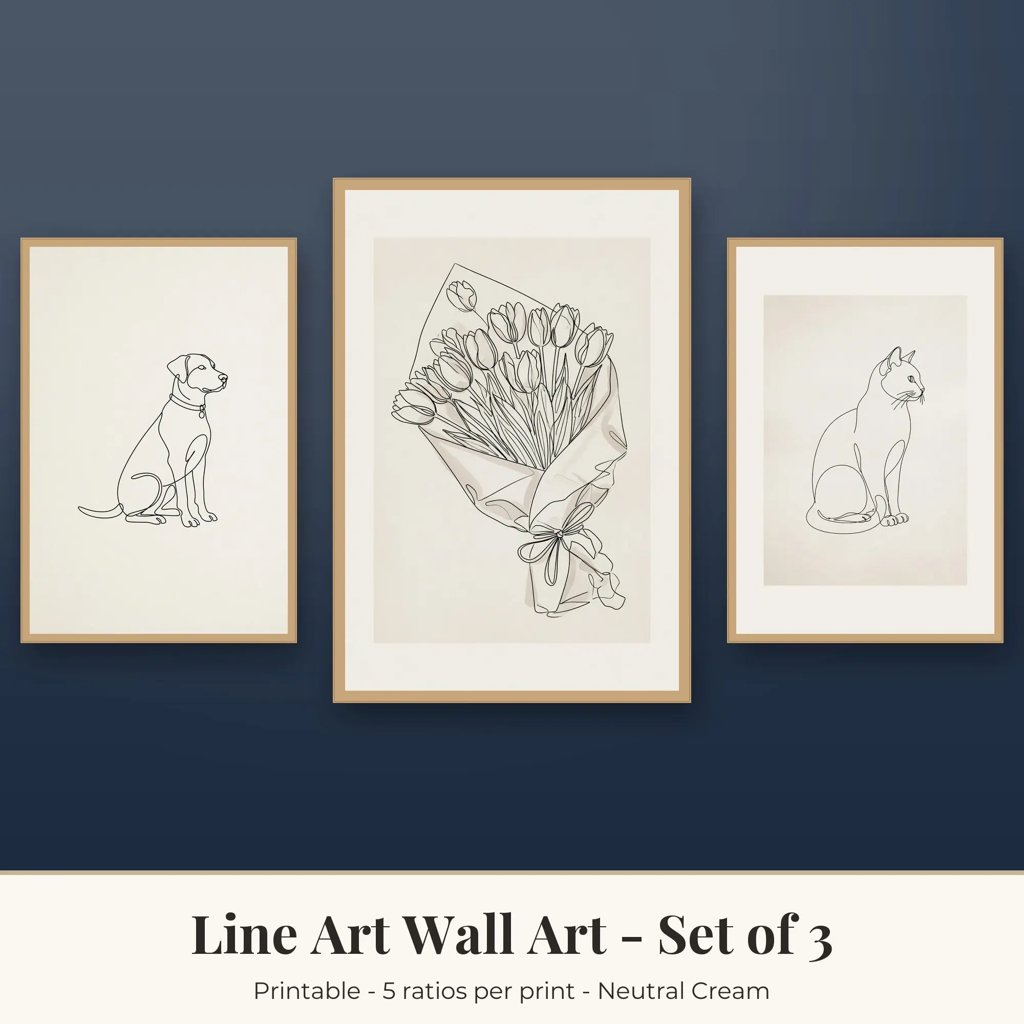 Line Art Wall Art Set of 3, Neutral Cream Dog Profile & Tulip Bunch preview
