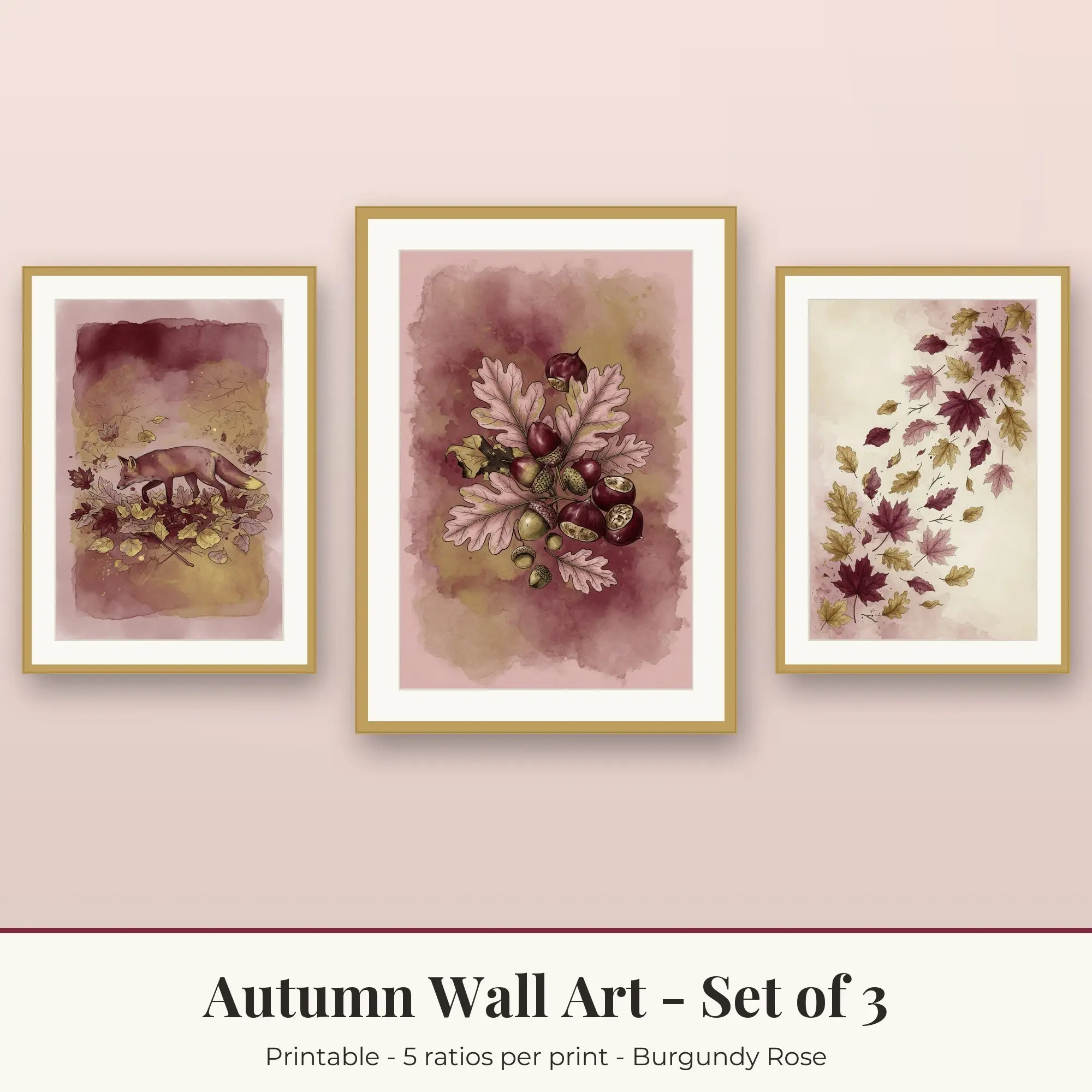 Autumn Wall Art Set of 3, Burgundy Rose Woodland Fox & Acorns preview
