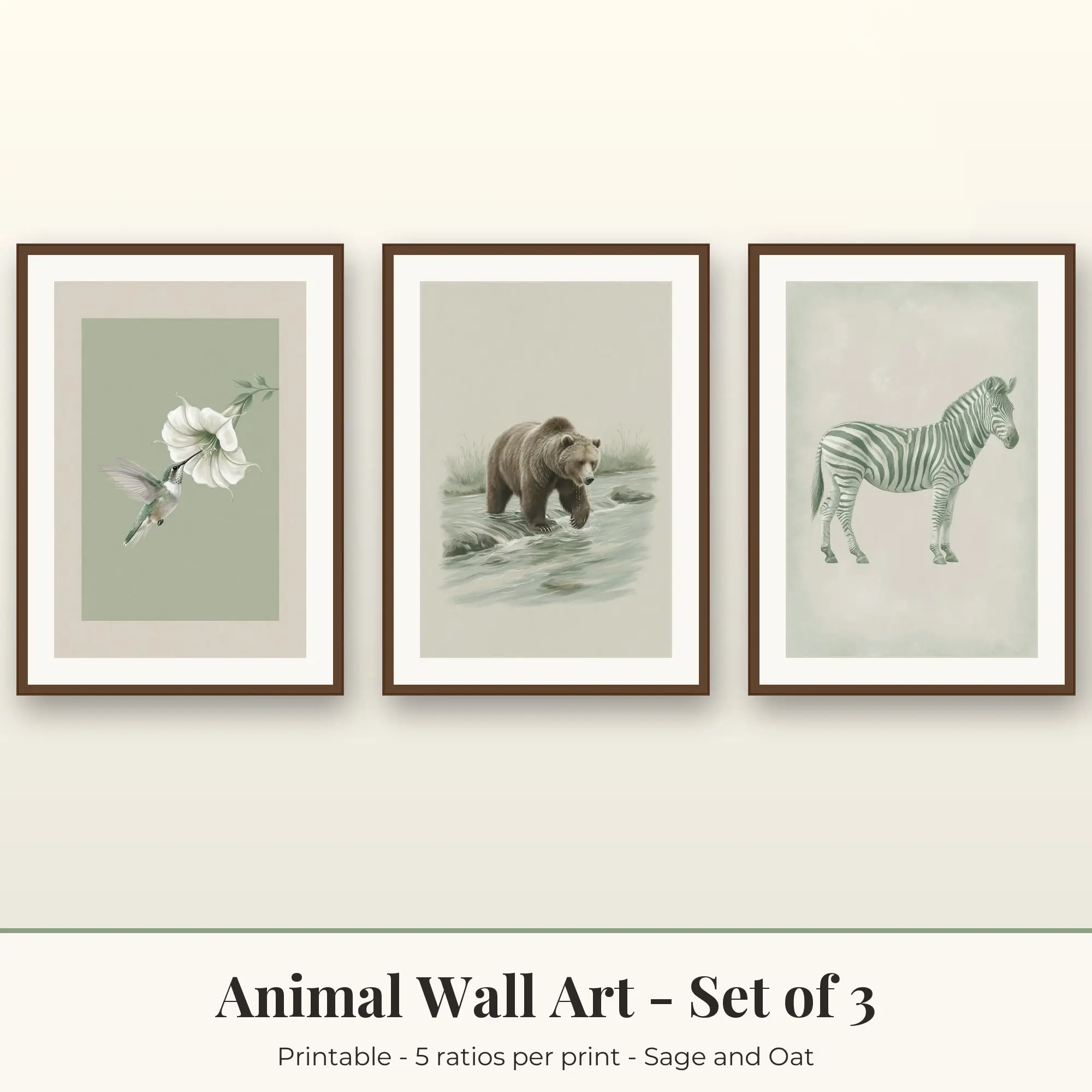 Animal Wall Art Set of 3, Hummingbird, Brown Bear & Zebra, Printable preview