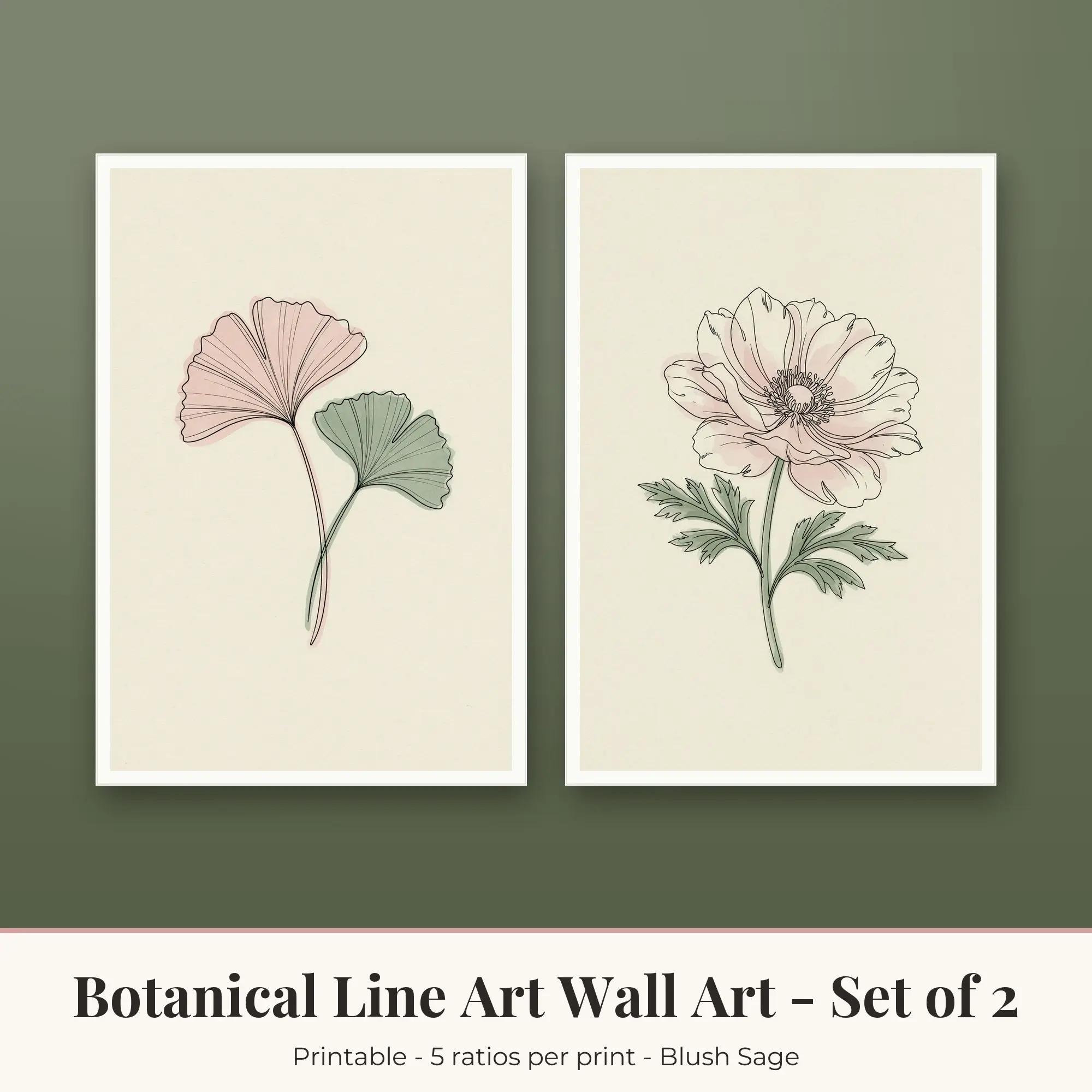 Botanical Line Art Printable Art Set of 2: Ginkgo and Anemone preview