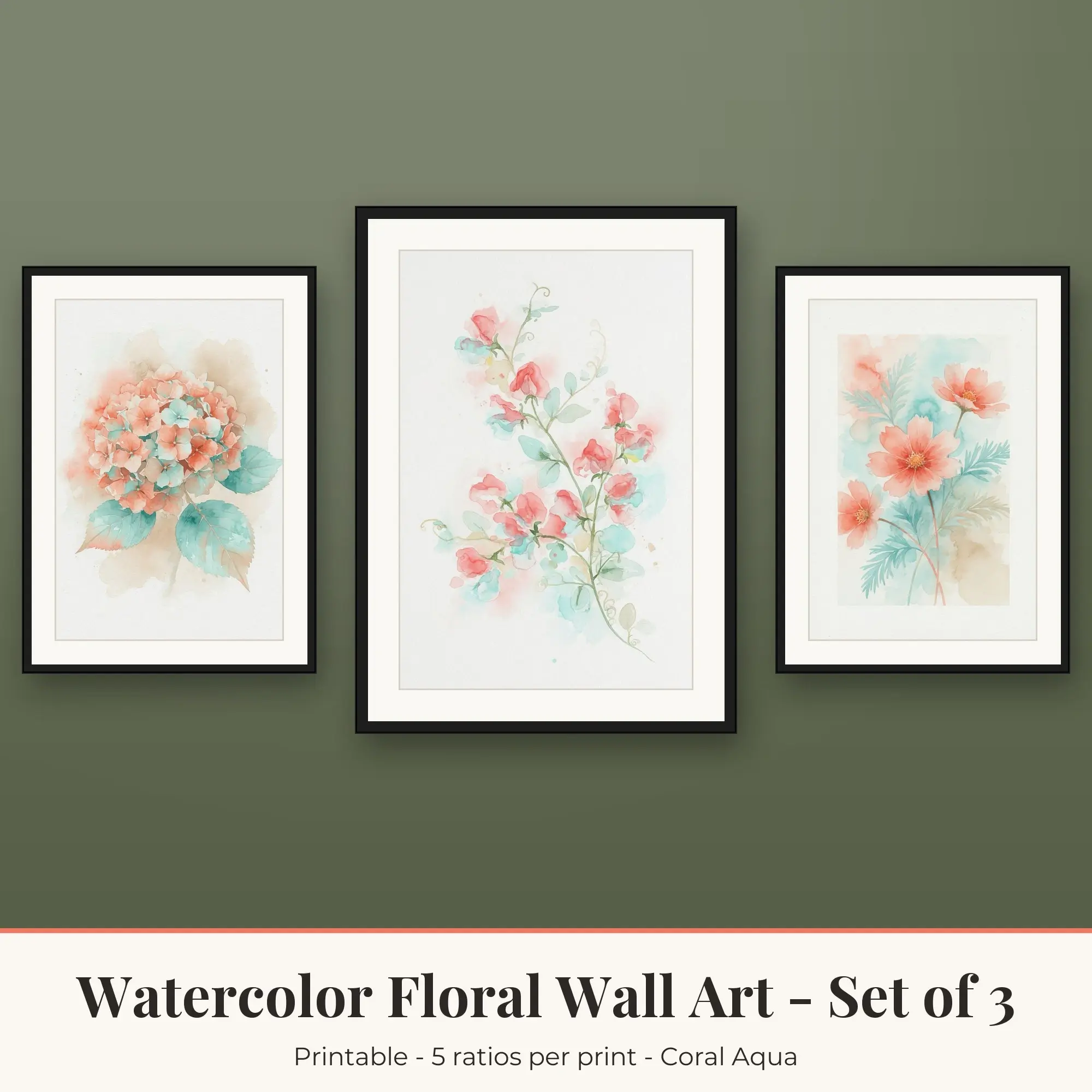 Watercolor Floral Wall Art Set of 3, Coral Aqua Hydrangea & Sweet Peas preview