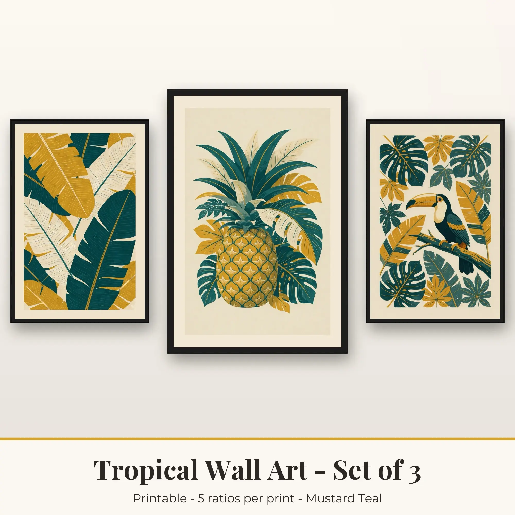 Tropical Printable Art Set of 3: Banana Leaves, Pineapple & Toucan preview