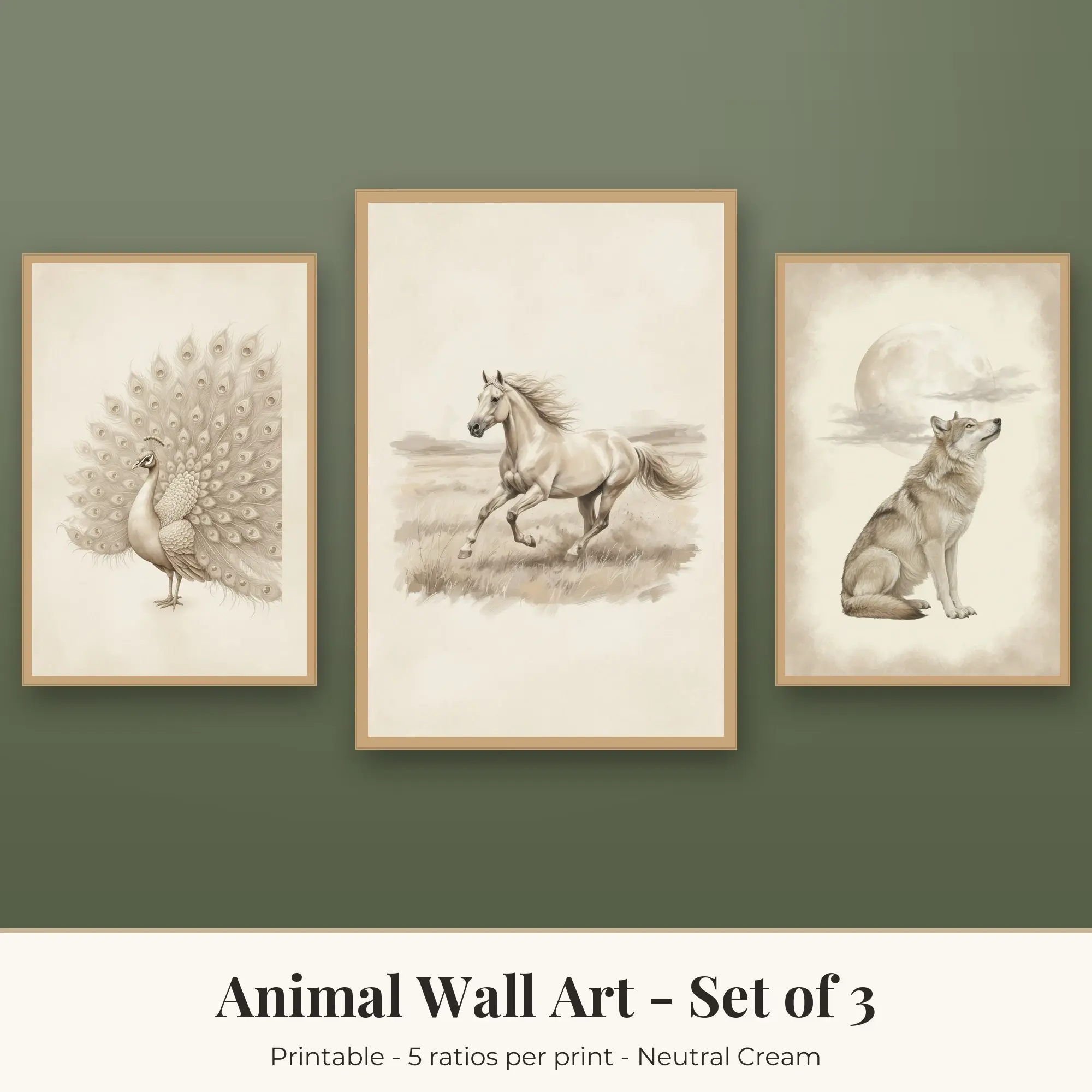 Peacock, Horse & Wolf Howl Animal Prints Set of 3, Printable Wall Art preview