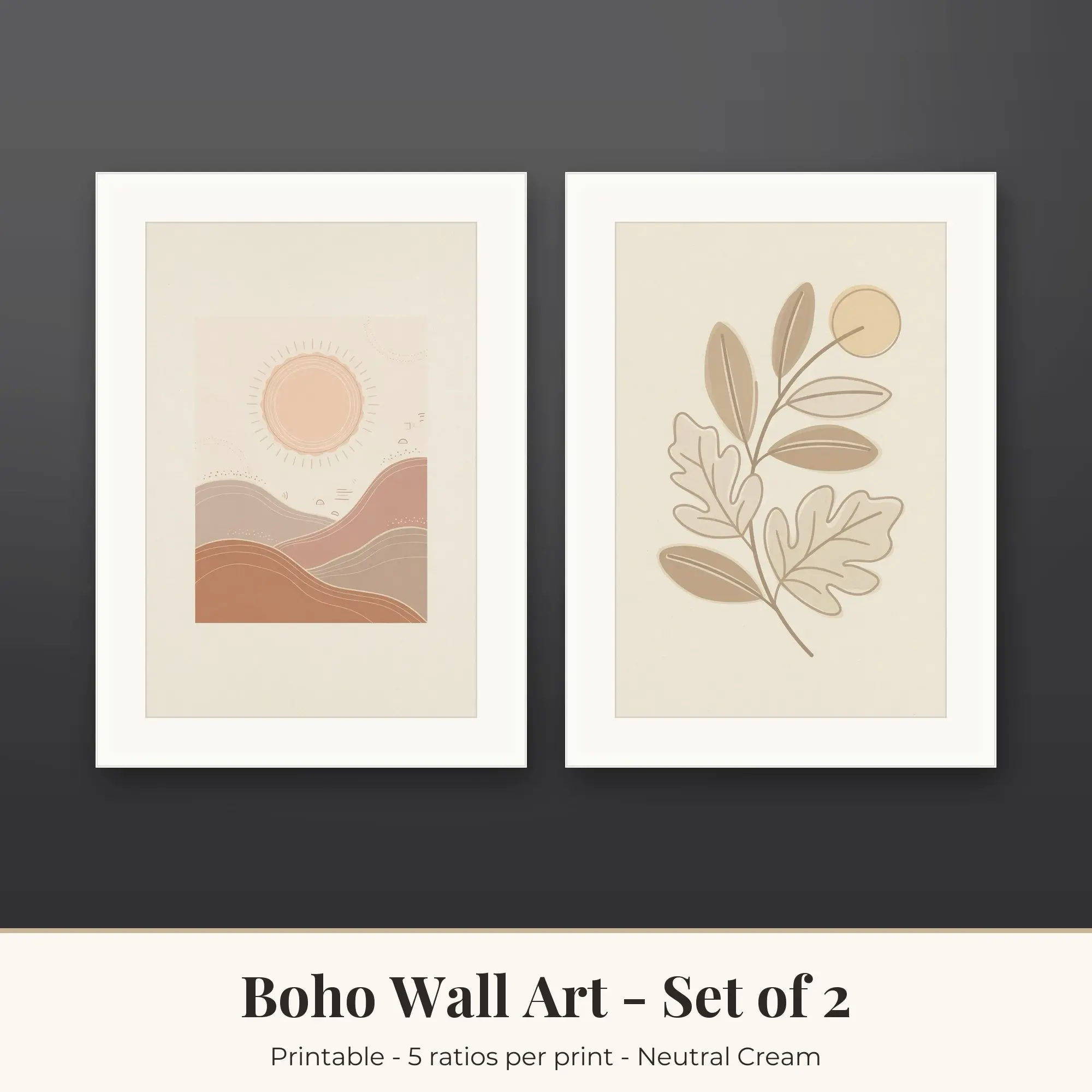 Sun and Hills and Boho Leaves Wall Art Set of 2 | Boho Digital Prints preview