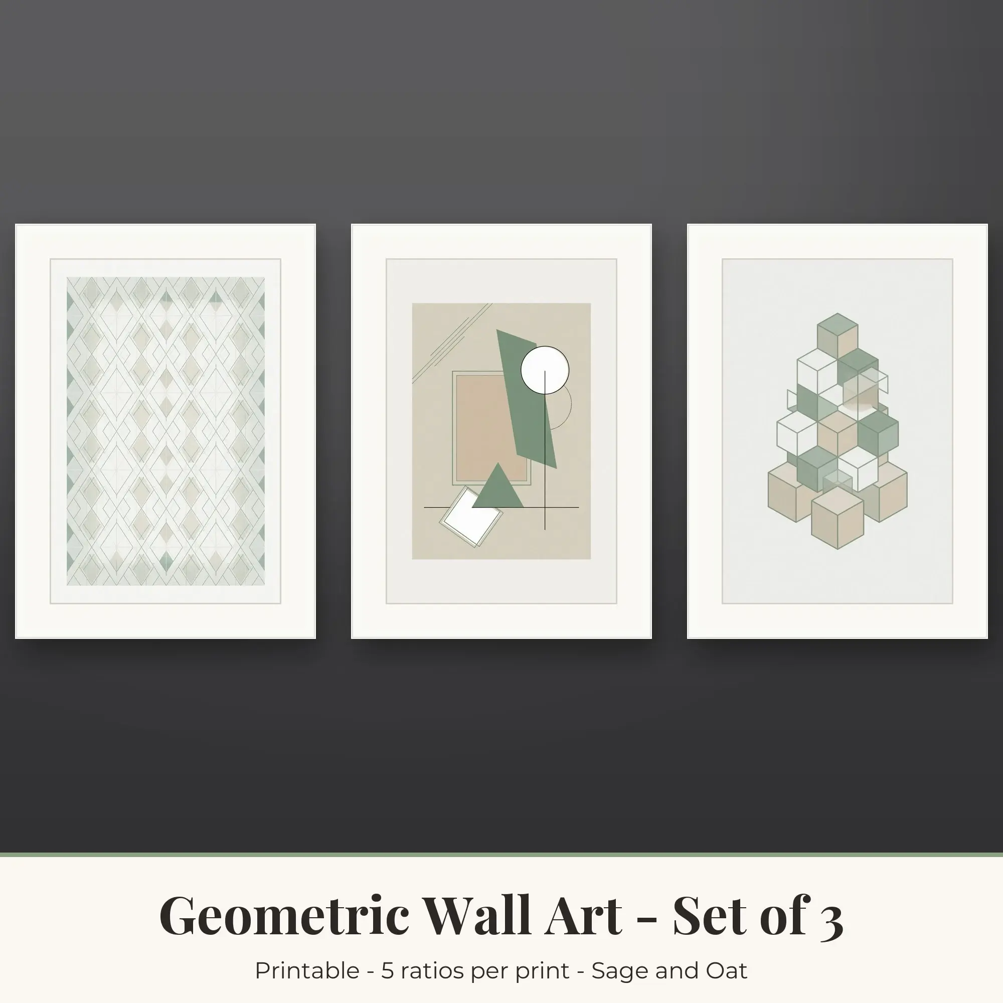 Geometric Wall Art Set of 3: Diamond Lattice, Sage and Oat preview