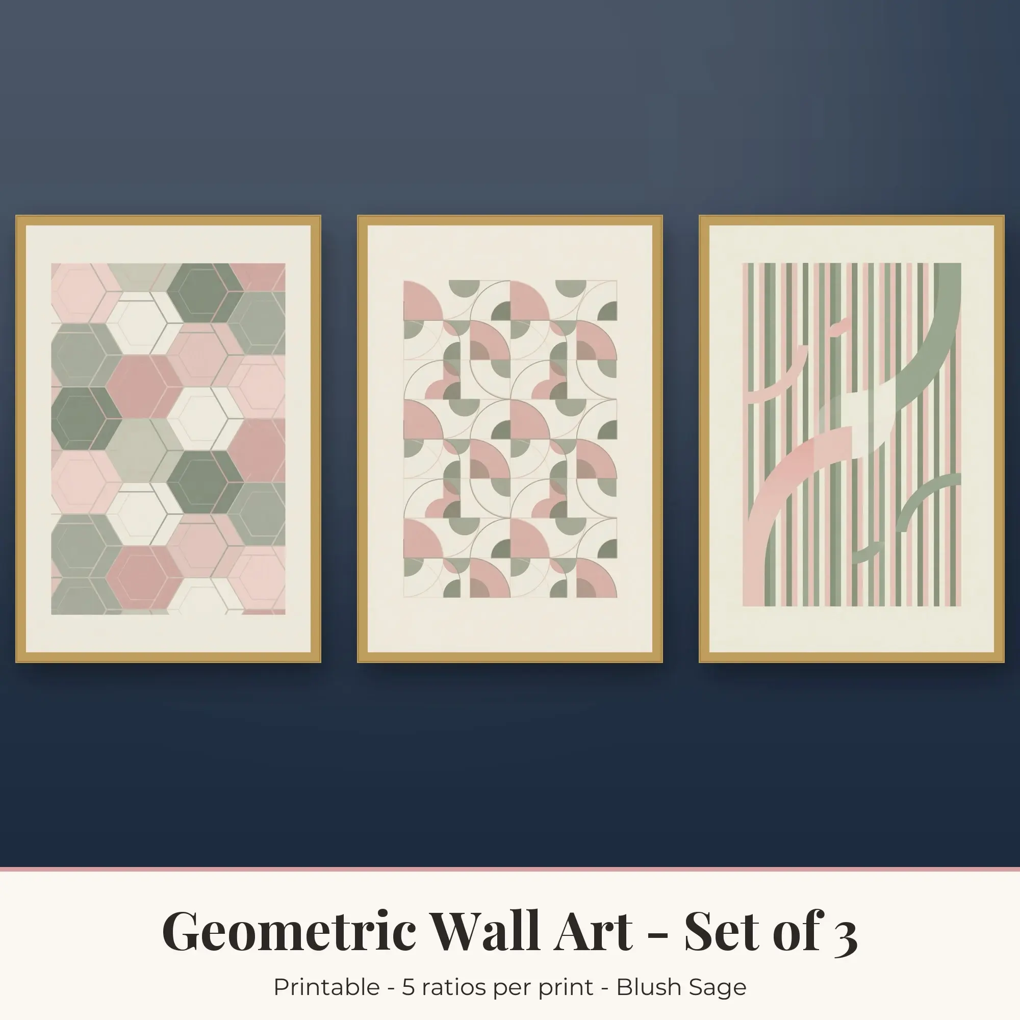 Geometric Wall Art Set of 3: Stripes and Arcs, Blush Sage preview