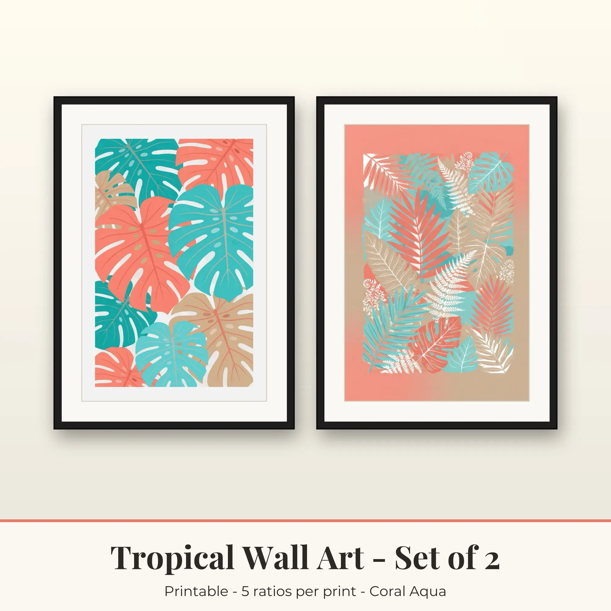 Tropical Wall Art Set of 2, Monstera Leaves and Fern Jungle, Printable preview