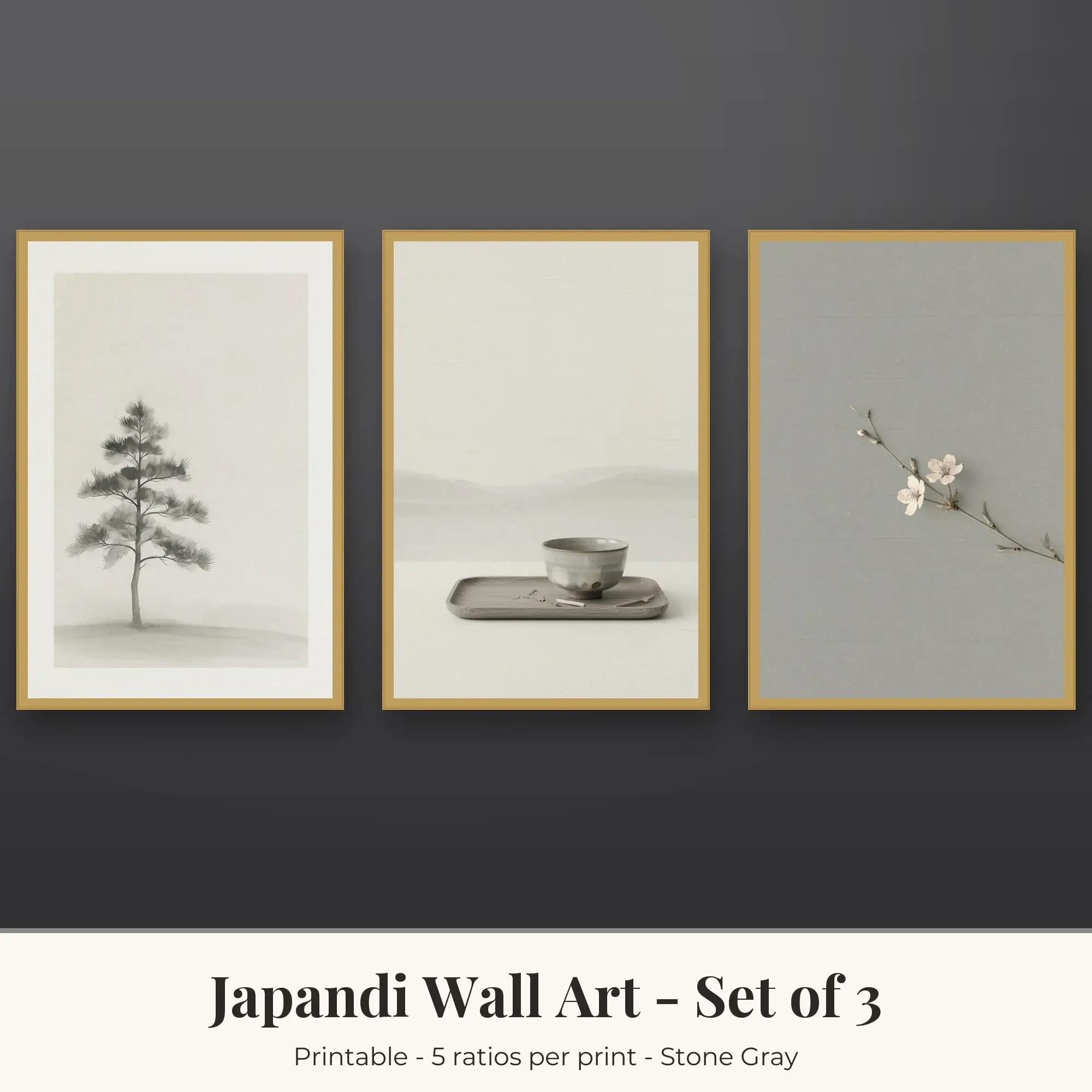 Japandi Wall Art Set of 3, Stone Gray Pine Silhouette & Tea Bowl preview