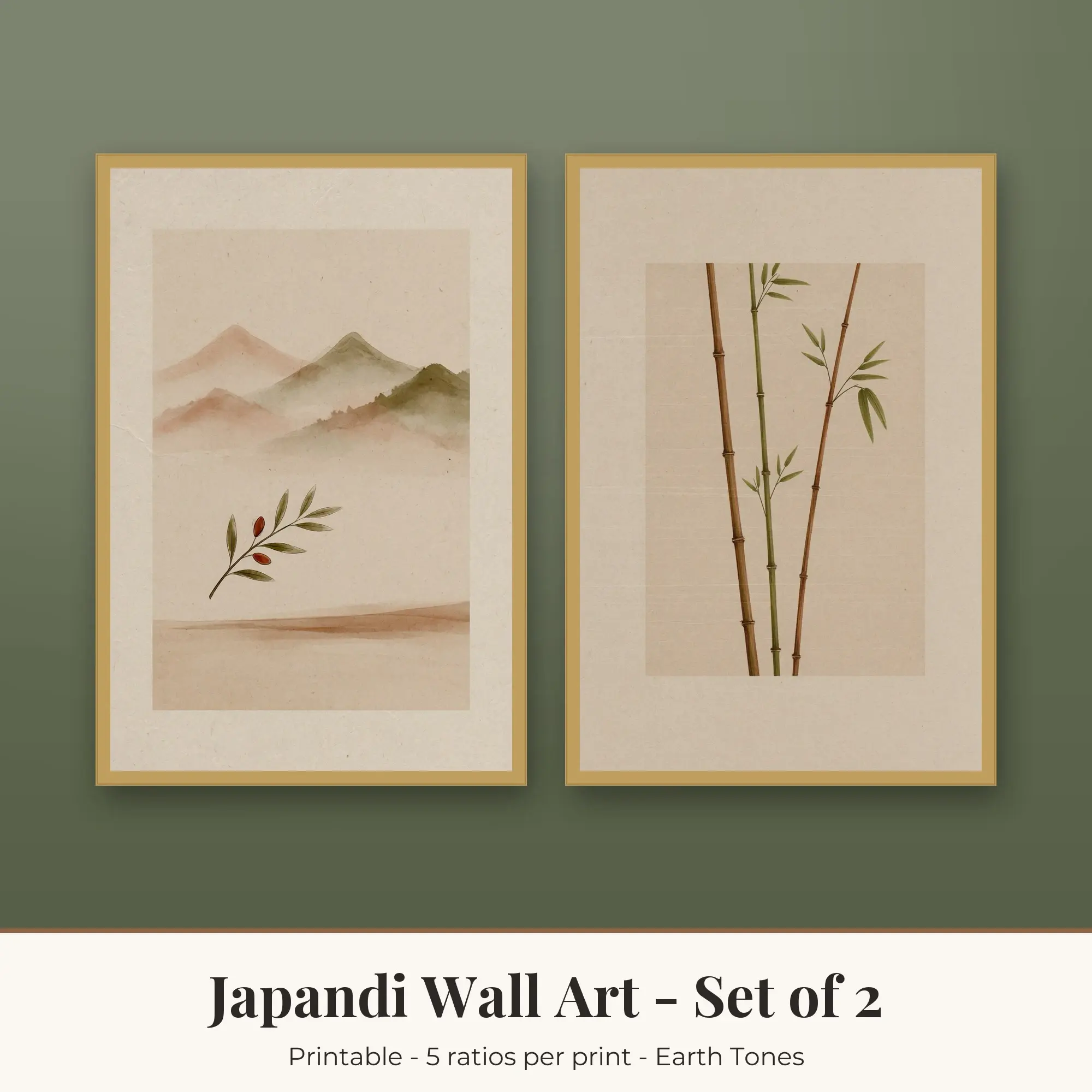 Japandi Wall Art Set of 2, Earth Tones Mountain Mist & Bamboo preview