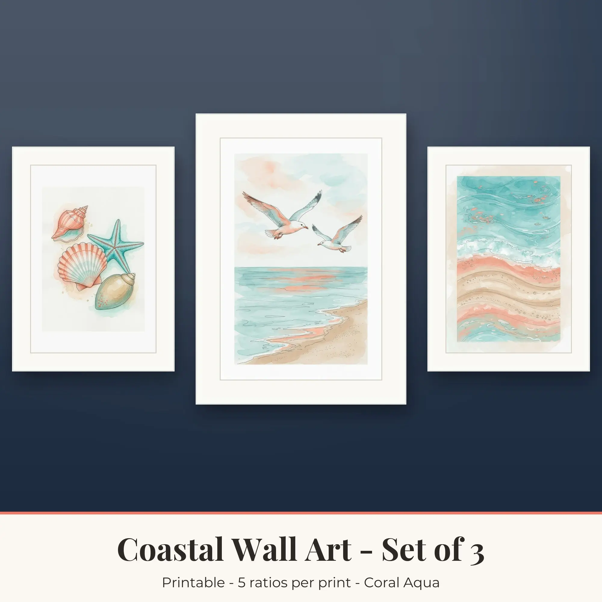 Coastal Wall Art Set of 3, Coral Aqua Seashell Trio & Seagulls preview