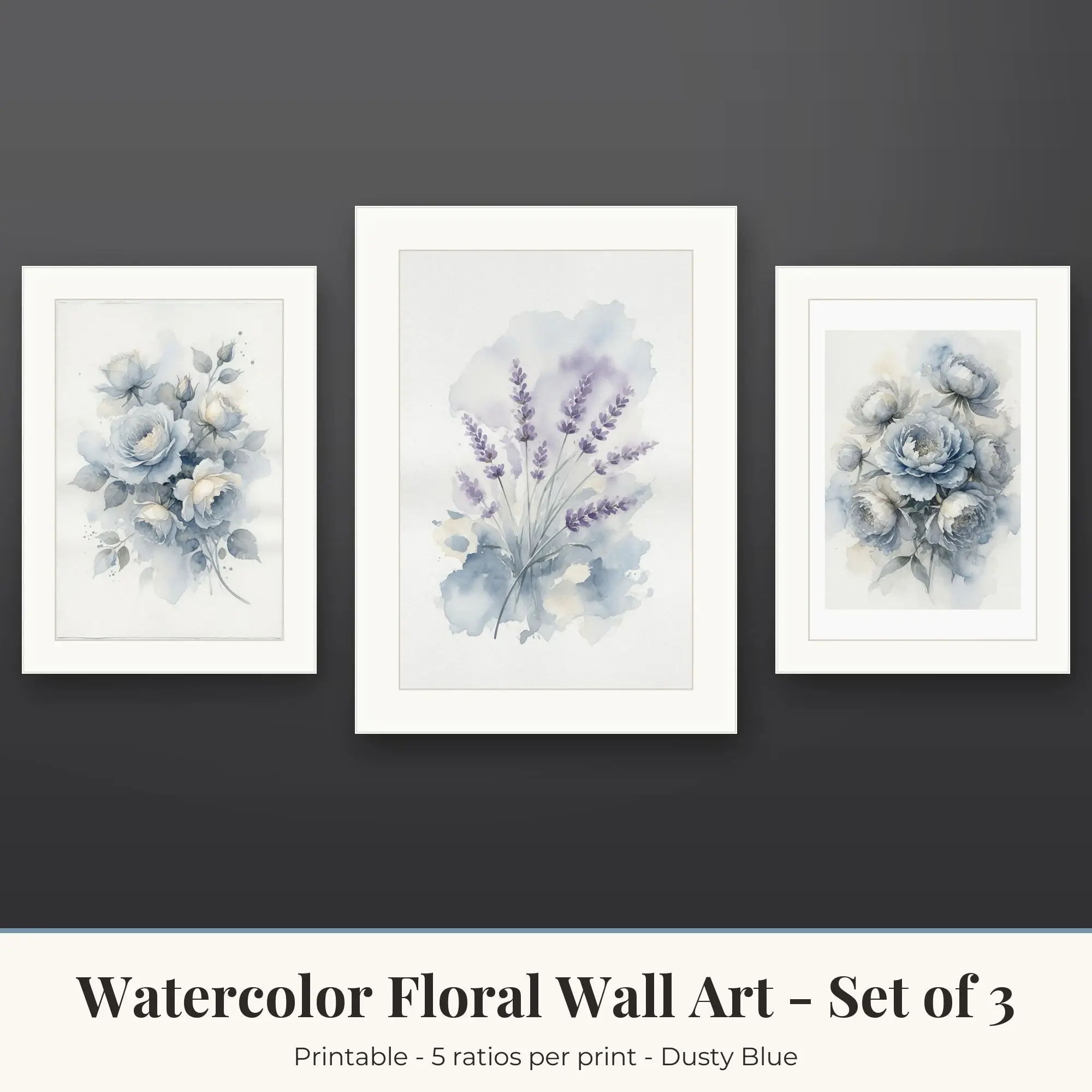 Watercolor Floral Wall Art Set of 3: Garden Roses, Dusty Blue preview