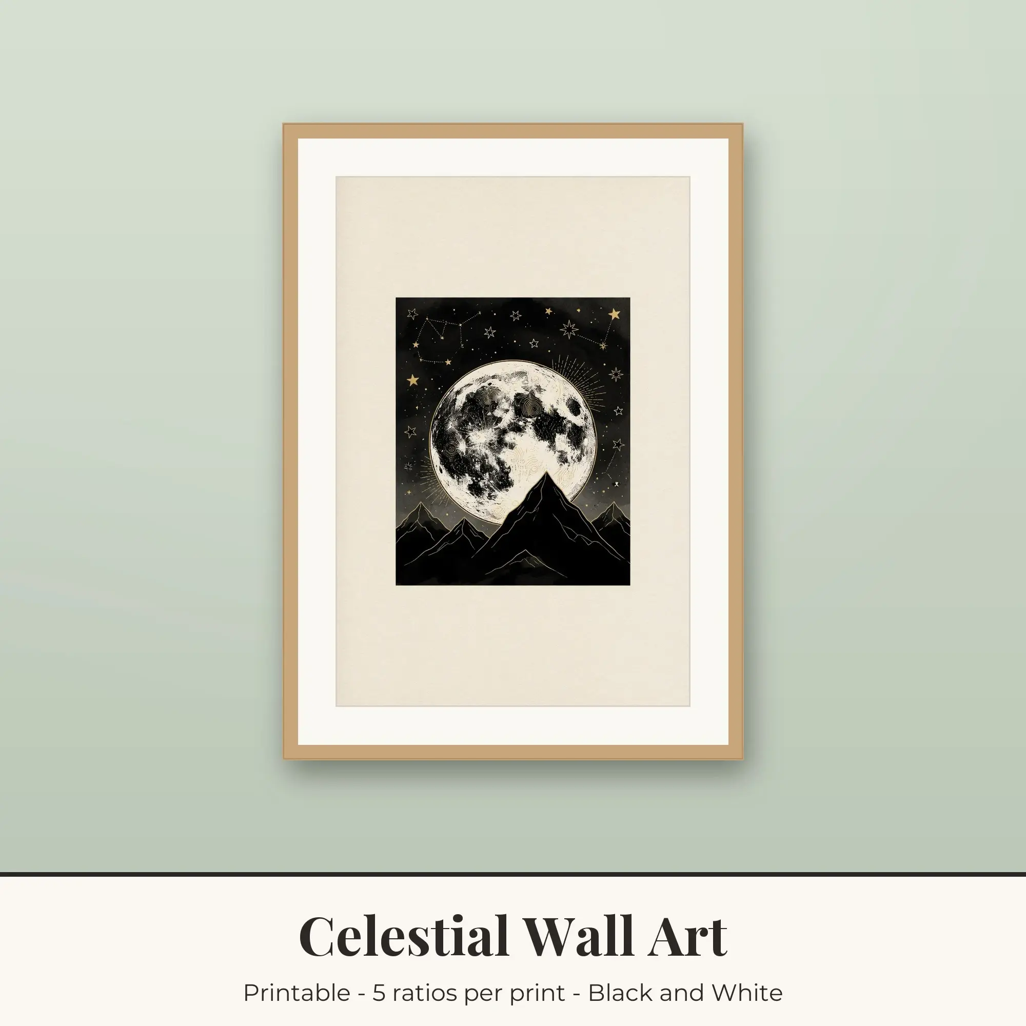 Celestial Wall Art Print - Mountain Moonrise - Black and White preview