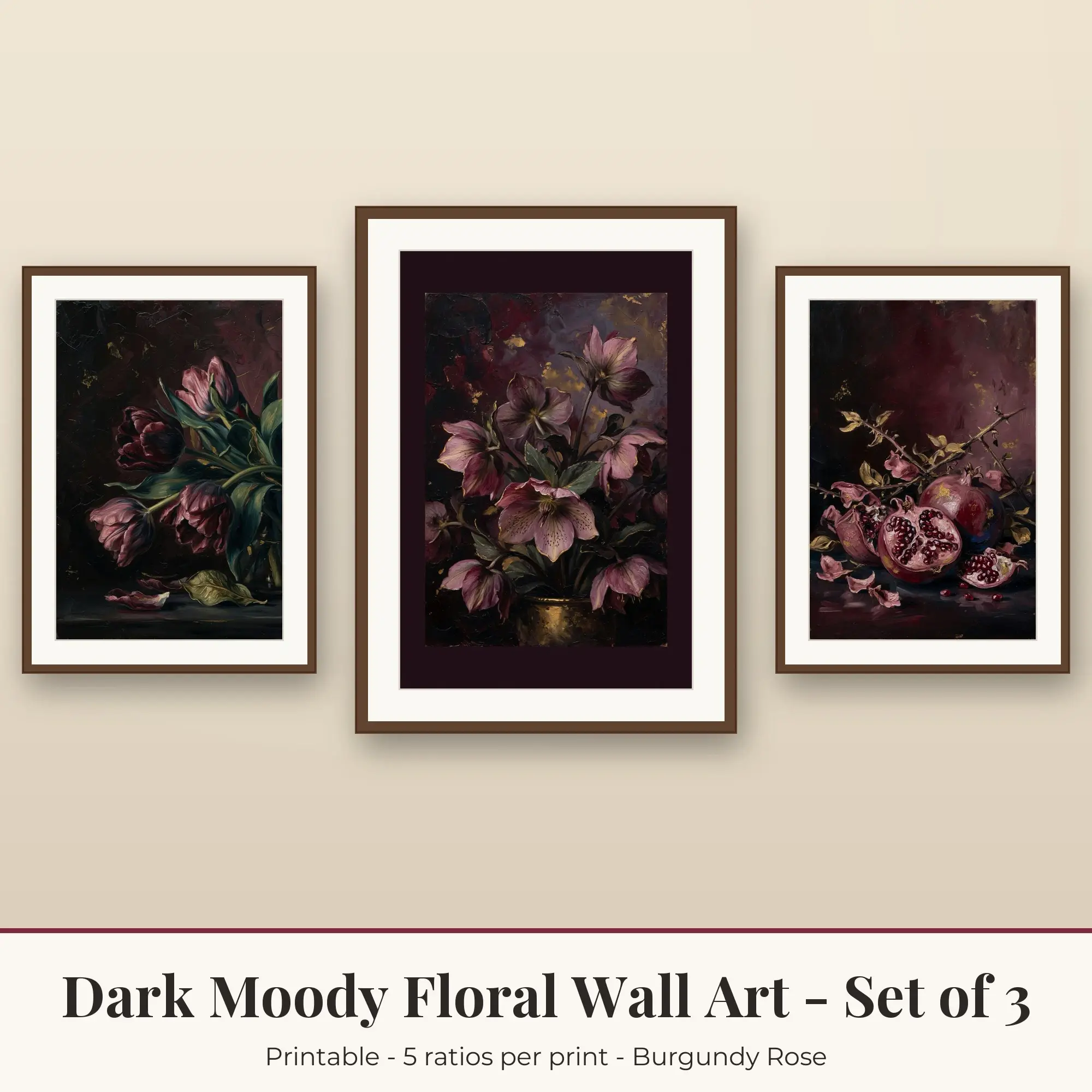 Dark Moody Floral Set of 3: Pomegranate, Burgundy Rose preview