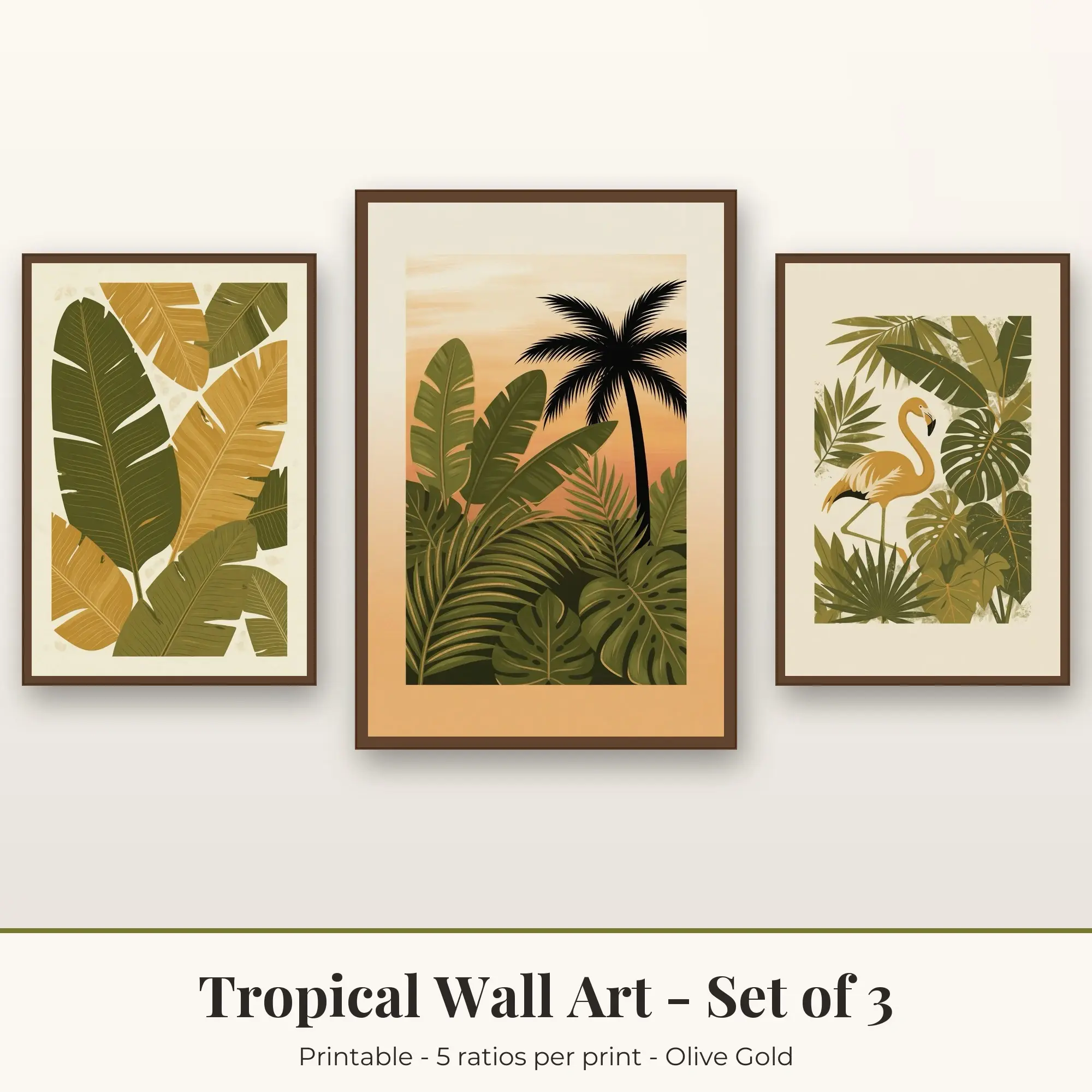 Tropical Wall Art Set of 3, Olive Gold Banana Leaves & Coconut Palm preview