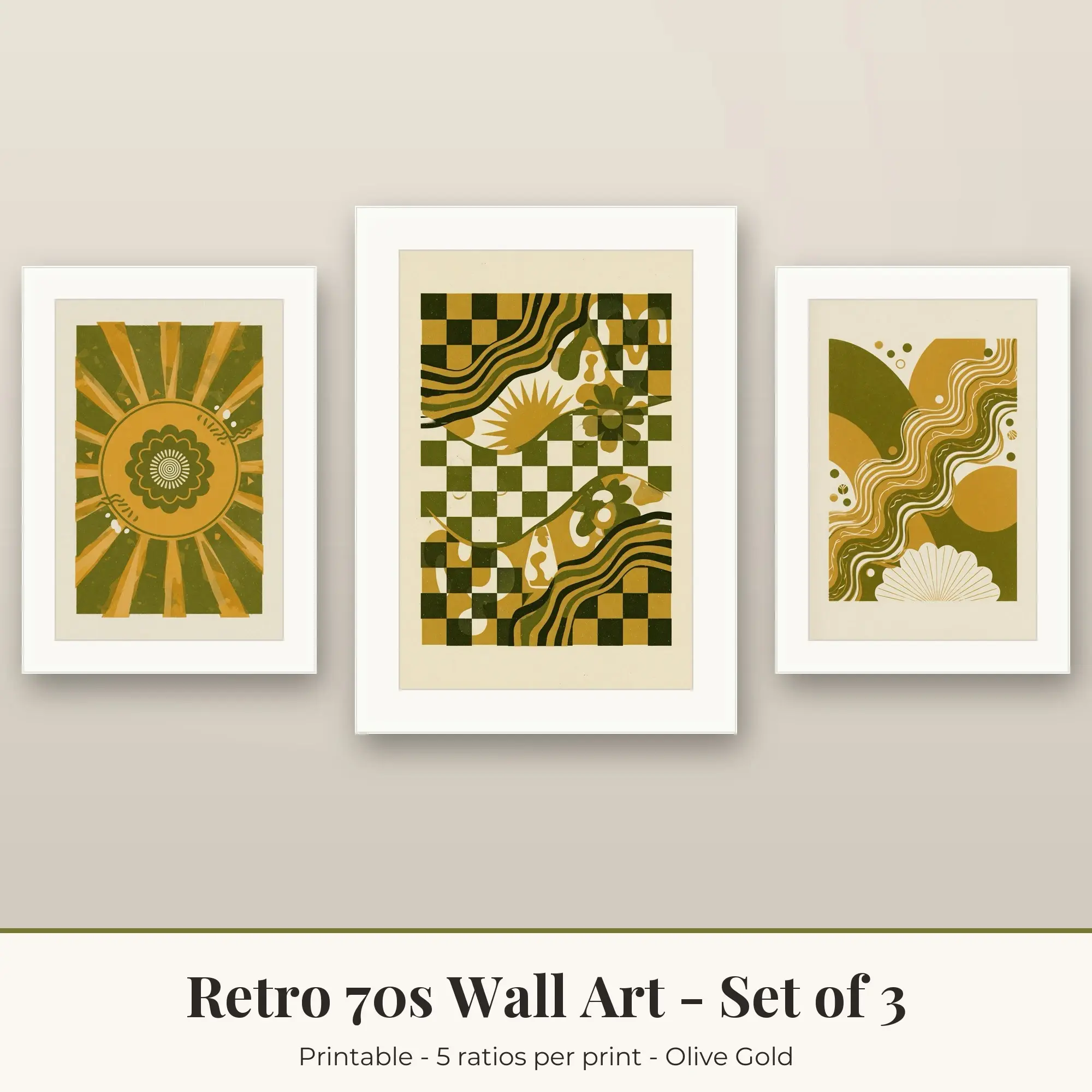 Retro 70s Printable Art Set of 3: Sunbeams, Wavy Checks & Boogie Waves preview