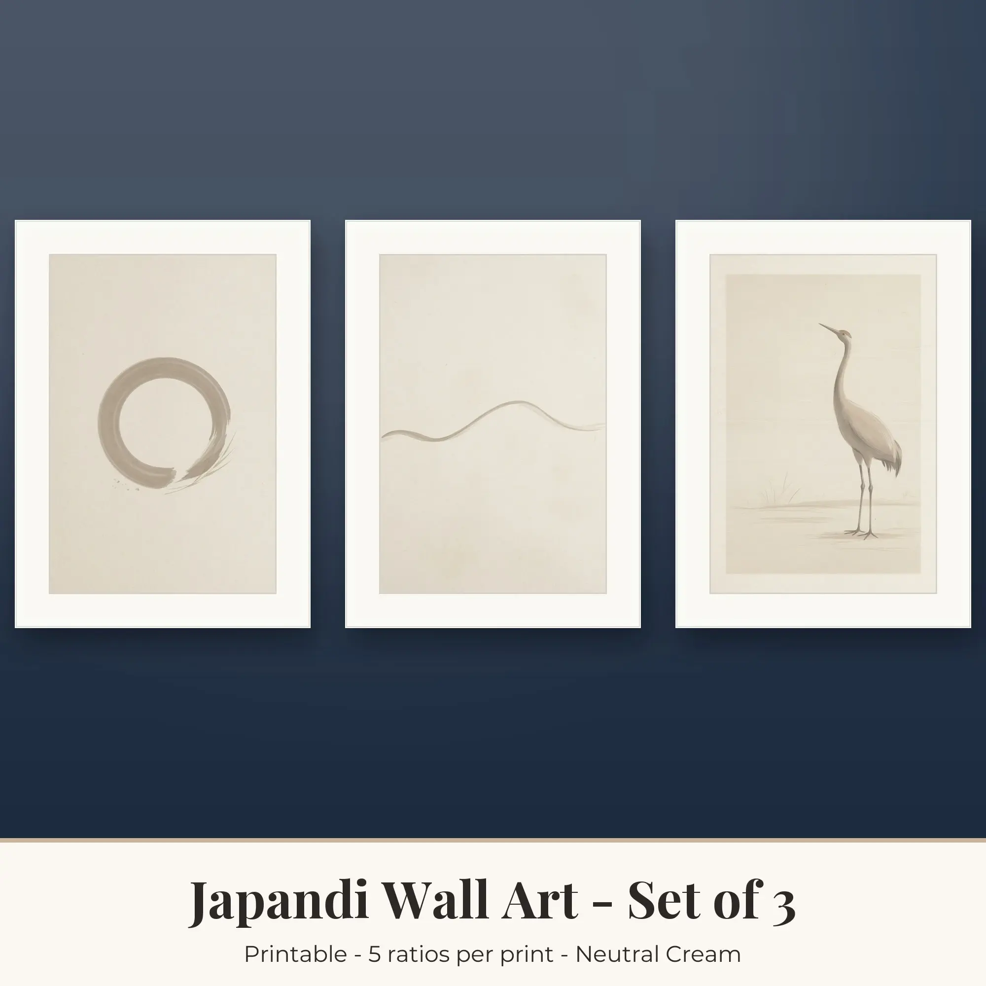 Japandi Printable Art Set of 3: Zen Circle, Rice Paper Wave & Crane preview