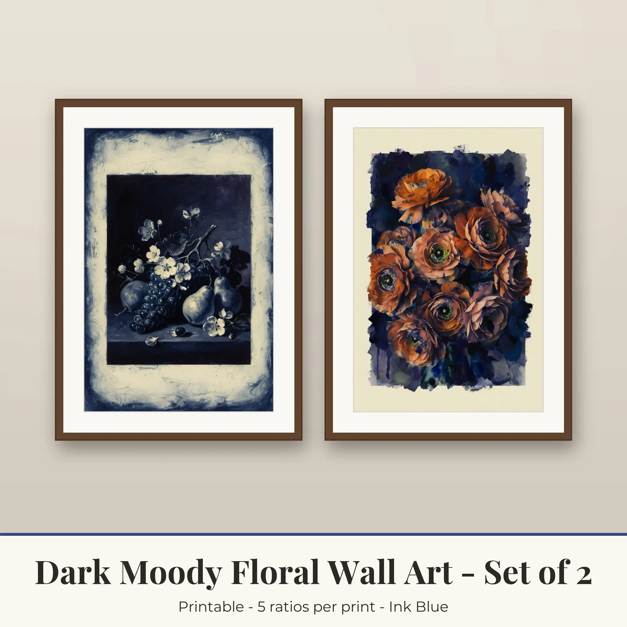 Ranunculus Dark Moody Floral Set of 2 - Ink Blue preview
