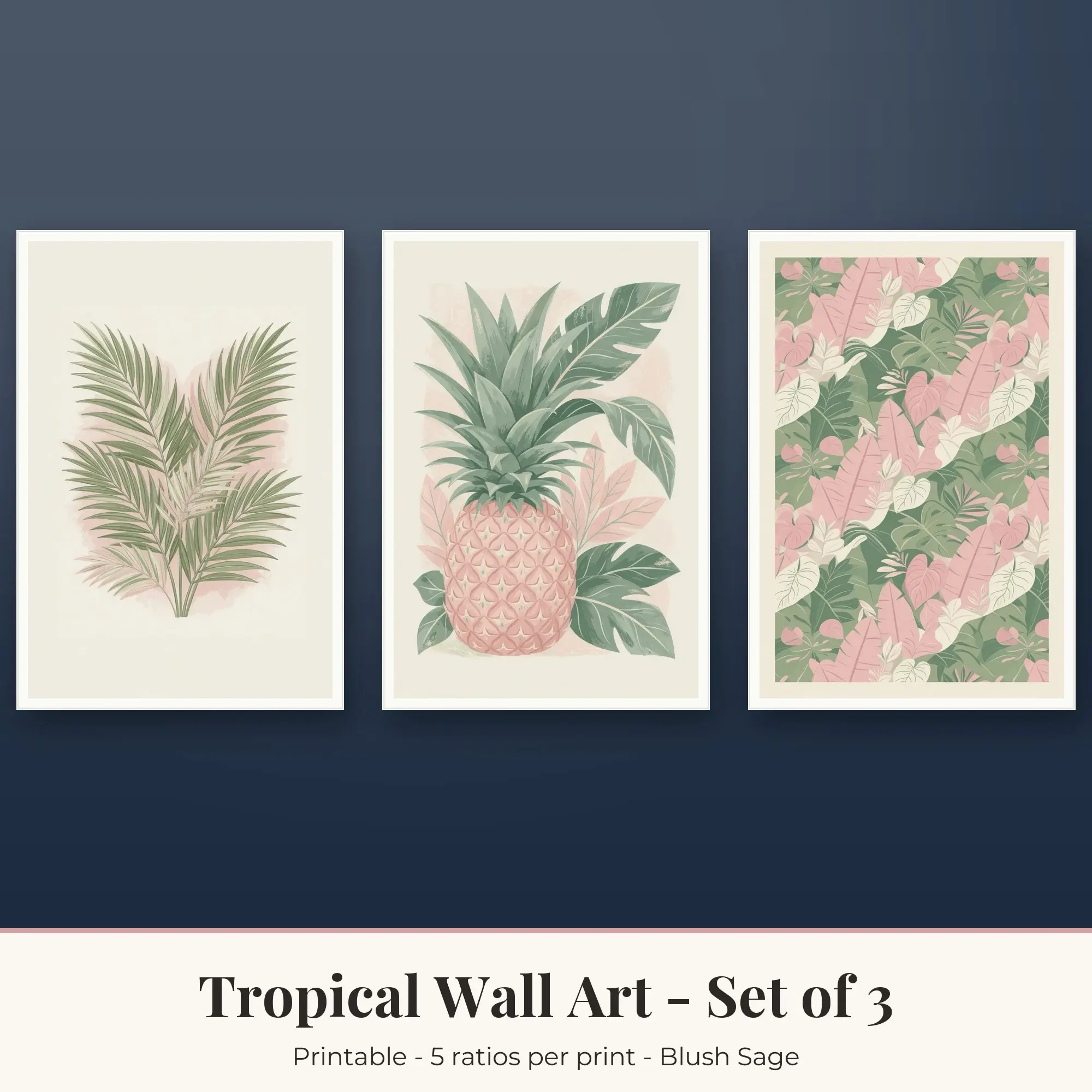 Tropical Wall Art Set of 3, Blush Sage Palm Leaves & Pineapple preview