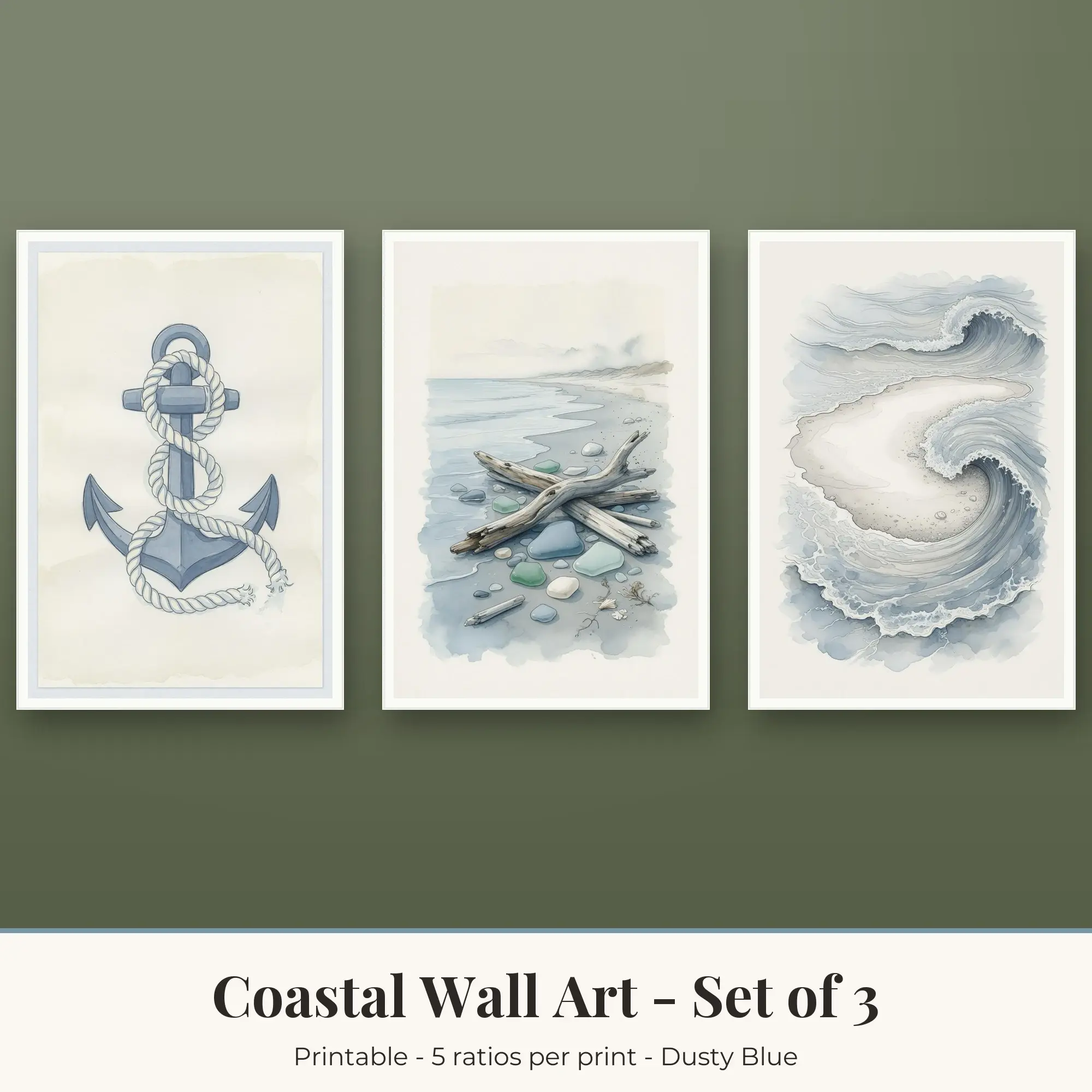 Coastal Wall Art Set of 3, Dusty Blue Anchor and Rope & Driftwood preview
