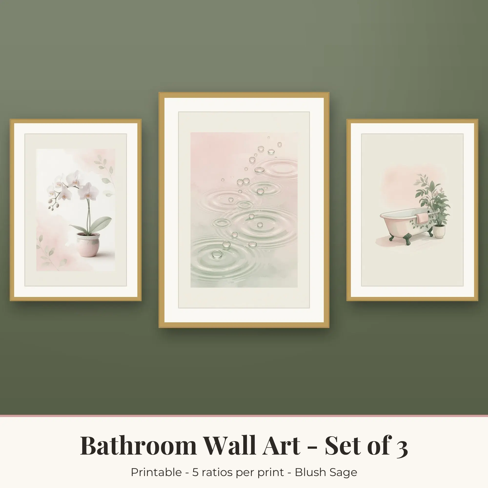 Bathroom Wall Art Set of 3, Blush Sage Orchid & Water Drops preview