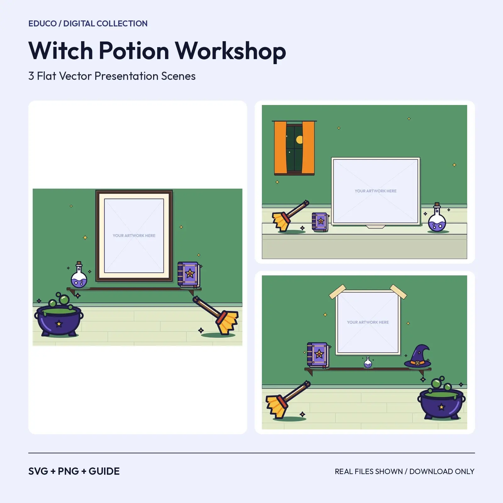 Witch Potion Workshop – 3 Flat Vector Witchy Presentation Scenes preview