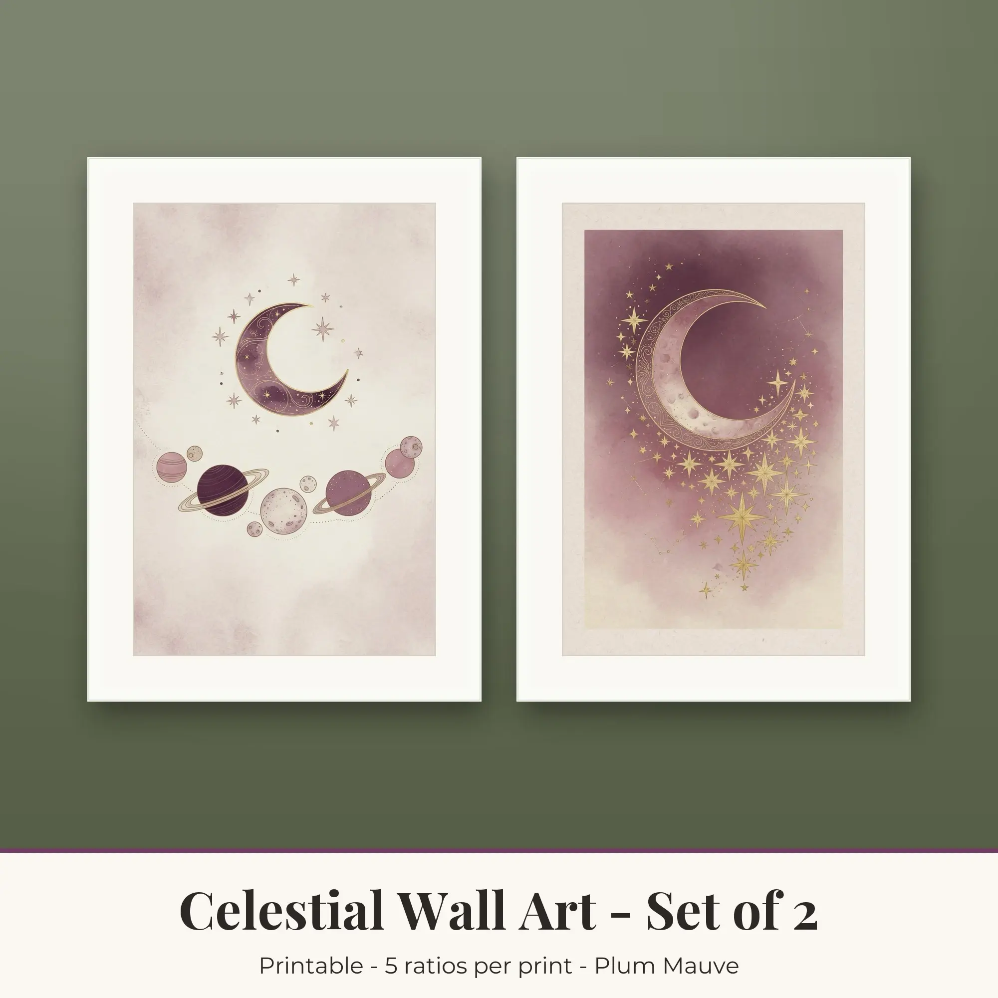 Celestial Wall Art Set of 2 - Planets and Star Cluster - Plum Mauve preview