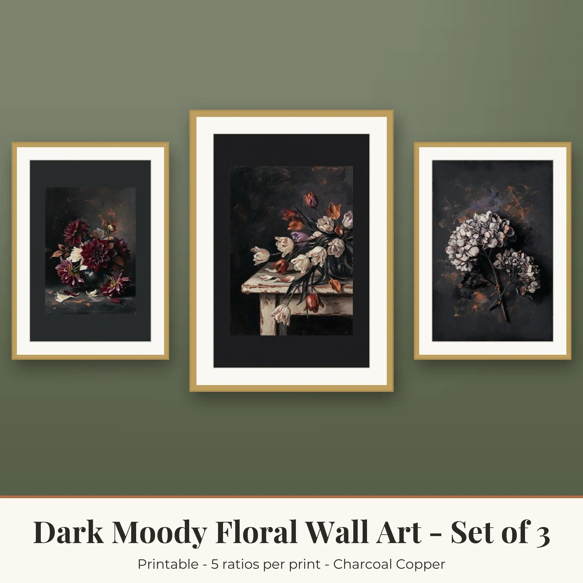 Dark Moody Floral Set of 3: Dahlias, Charcoal Copper preview